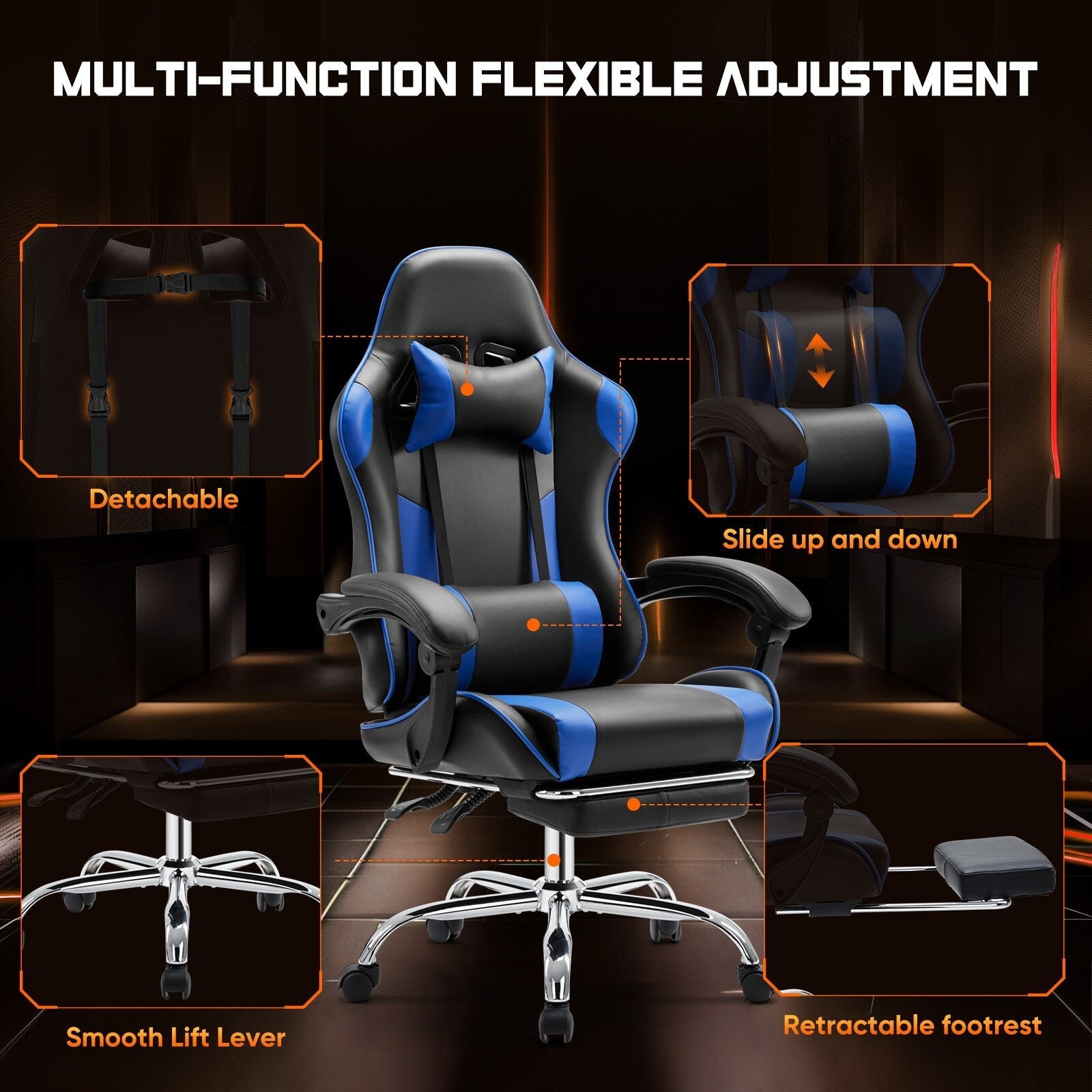 Ergonomischer Gaming-Sessel aus PU-Leder mit 360°-Drehfunktion, Fußstütze, Kopfstütze, Lendenwirbelstütze und verstellbarer Höhe