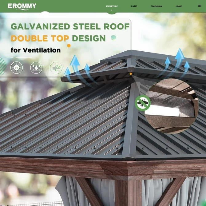 Erommy Pavillon mit festem Dach, Aluminiumrahmen und Doppeldach, permanenter Gartenpavillon inklusive Vorhängen und Moskitonetz für Terrasse und Garten