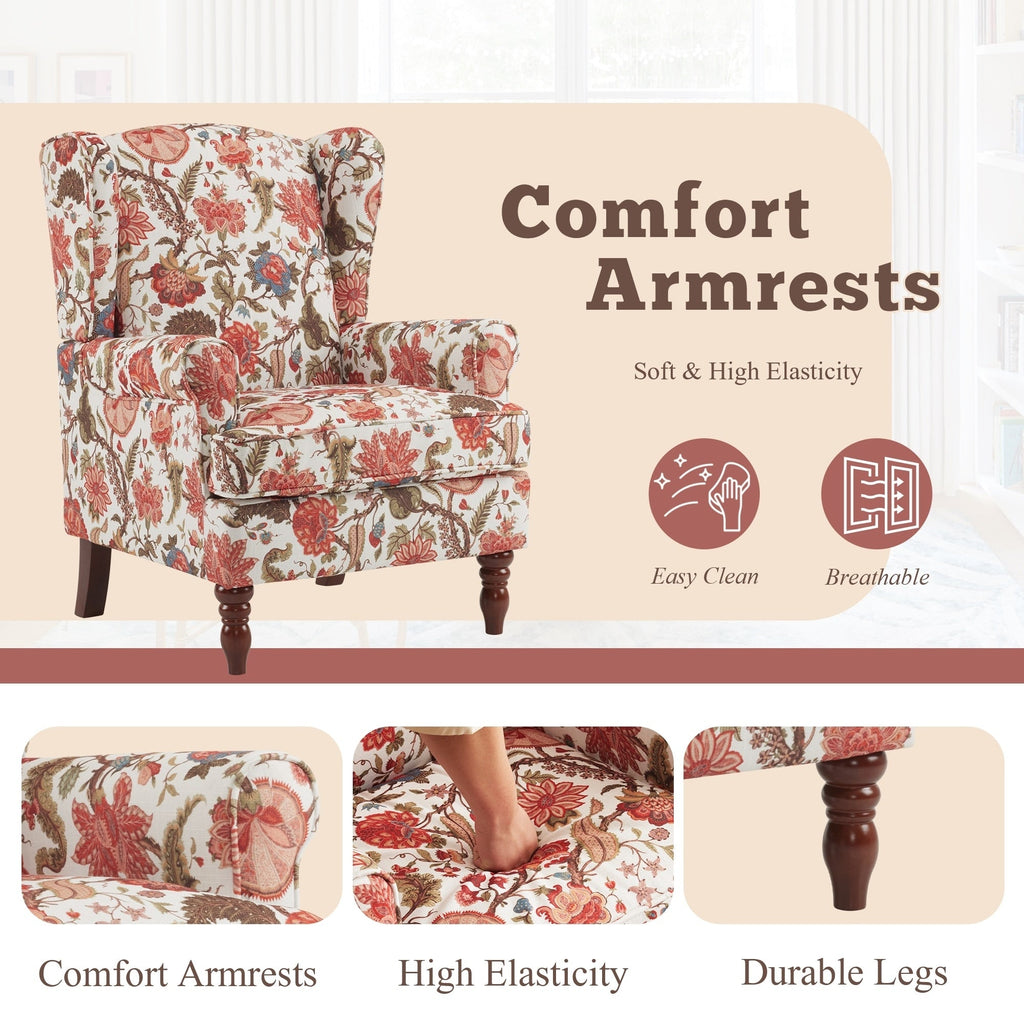 Erommy Moderner Akzentstuhl, Hochlehner-Sessel, gepolstertes Stoffsofa mit Knöpfen und Holzbeinen für das Wohnzimmer