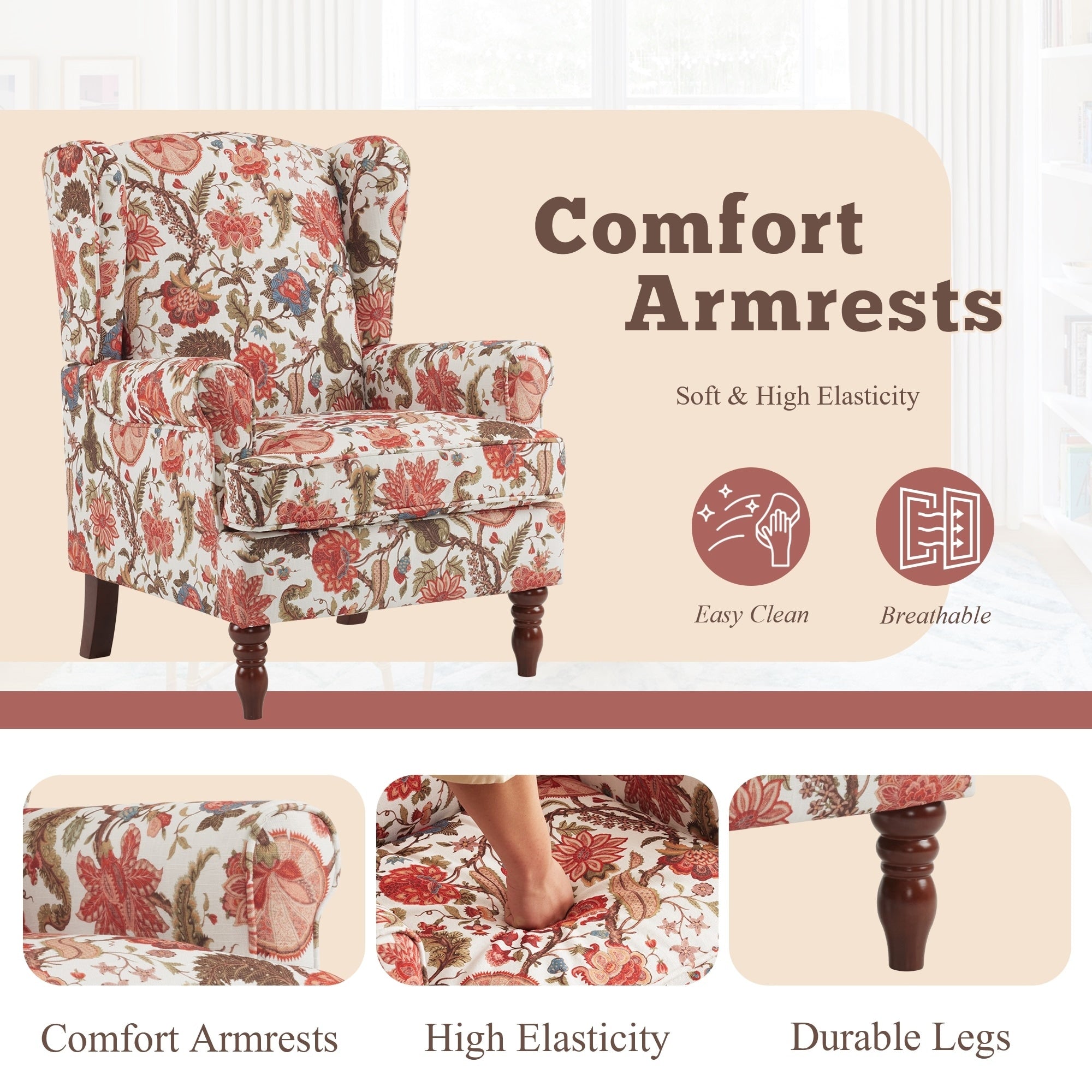 Erommy Moderner Akzentstuhl, Hochlehner-Sessel, gepolstertes Stoffsofa mit Knöpfen und Holzbeinen für das Wohnzimmer