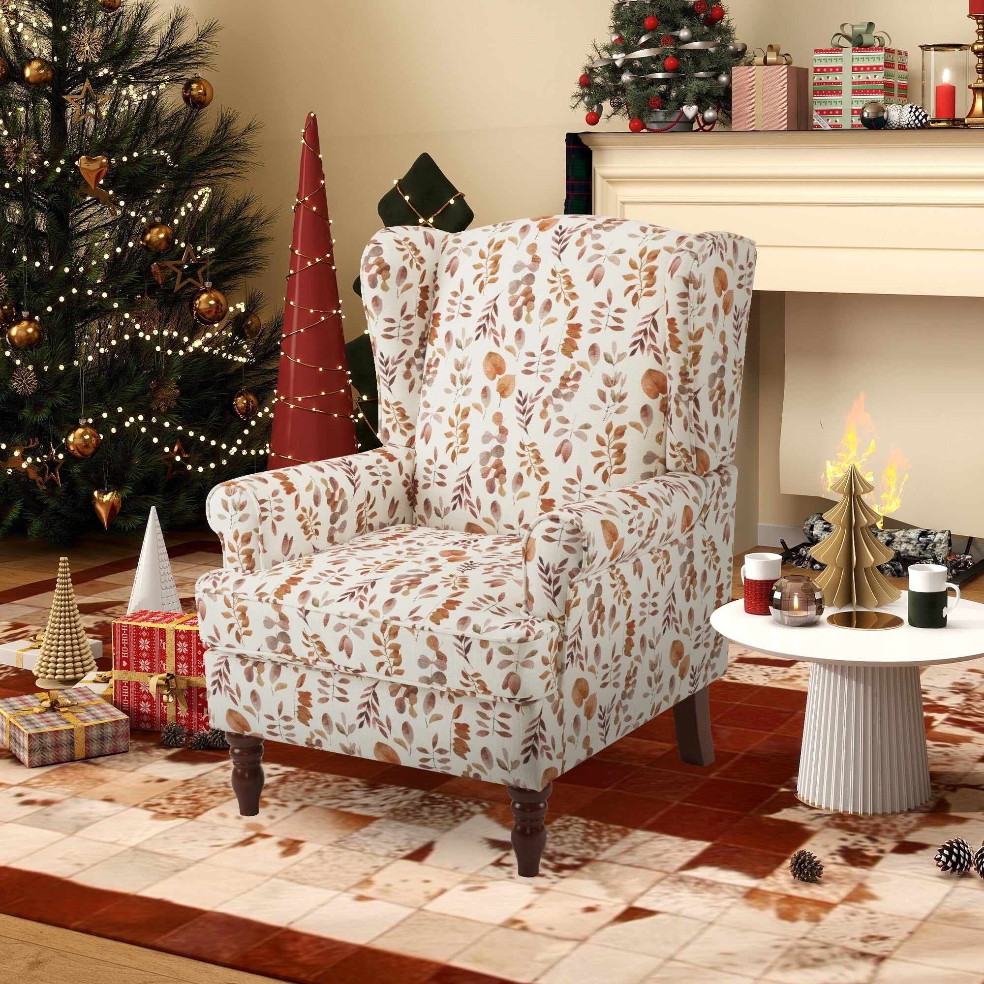 Erommy Moderner Akzentstuhl, Hochlehner-Sessel, gepolstertes Stoffsofa mit Knöpfen und Holzbeinen für das Wohnzimmer