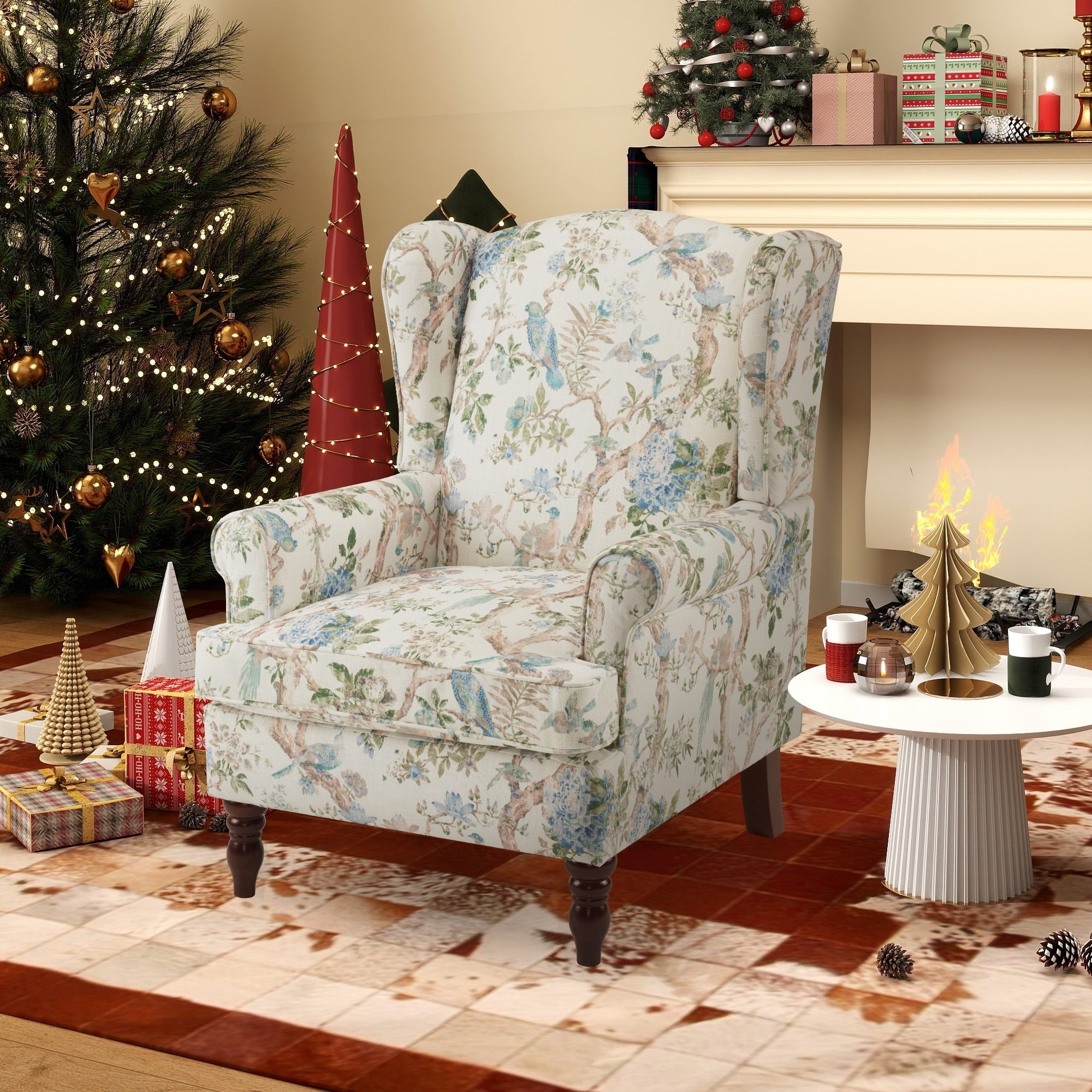 Erommy Moderner Akzentstuhl, Hochlehner-Sessel, gepolstertes Stoffsofa mit Knöpfen und Holzbeinen für das Wohnzimmer