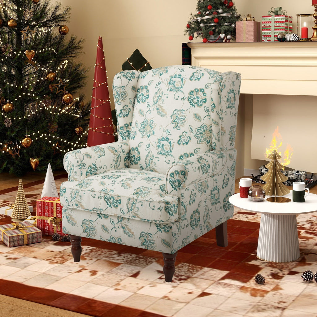 Erommy Moderner Akzentstuhl, Hochlehner-Sessel, gepolstertes Stoffsofa mit Knöpfen und Holzbeinen für das Wohnzimmer