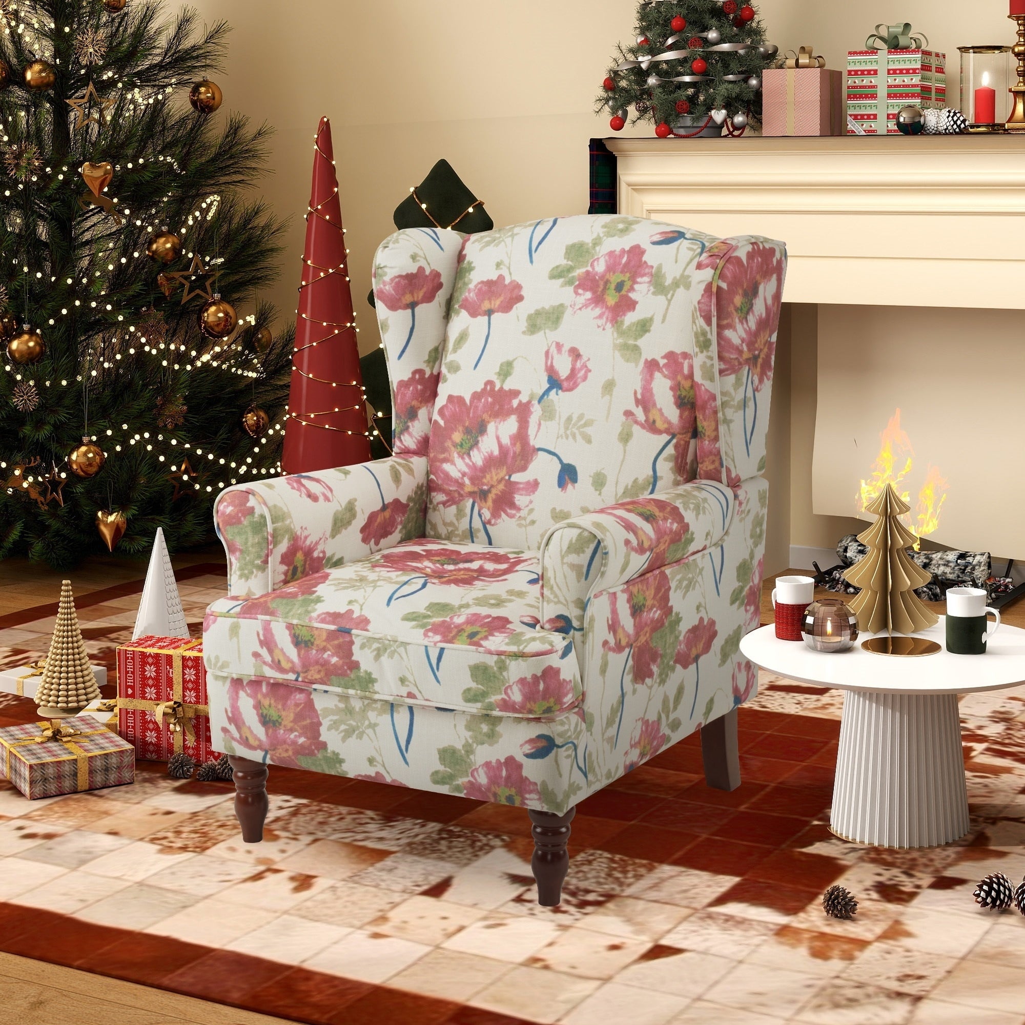 Erommy Moderner Akzentstuhl, Hochlehner-Sessel, gepolstertes Stoffsofa mit Knöpfen und Holzbeinen für das Wohnzimmer