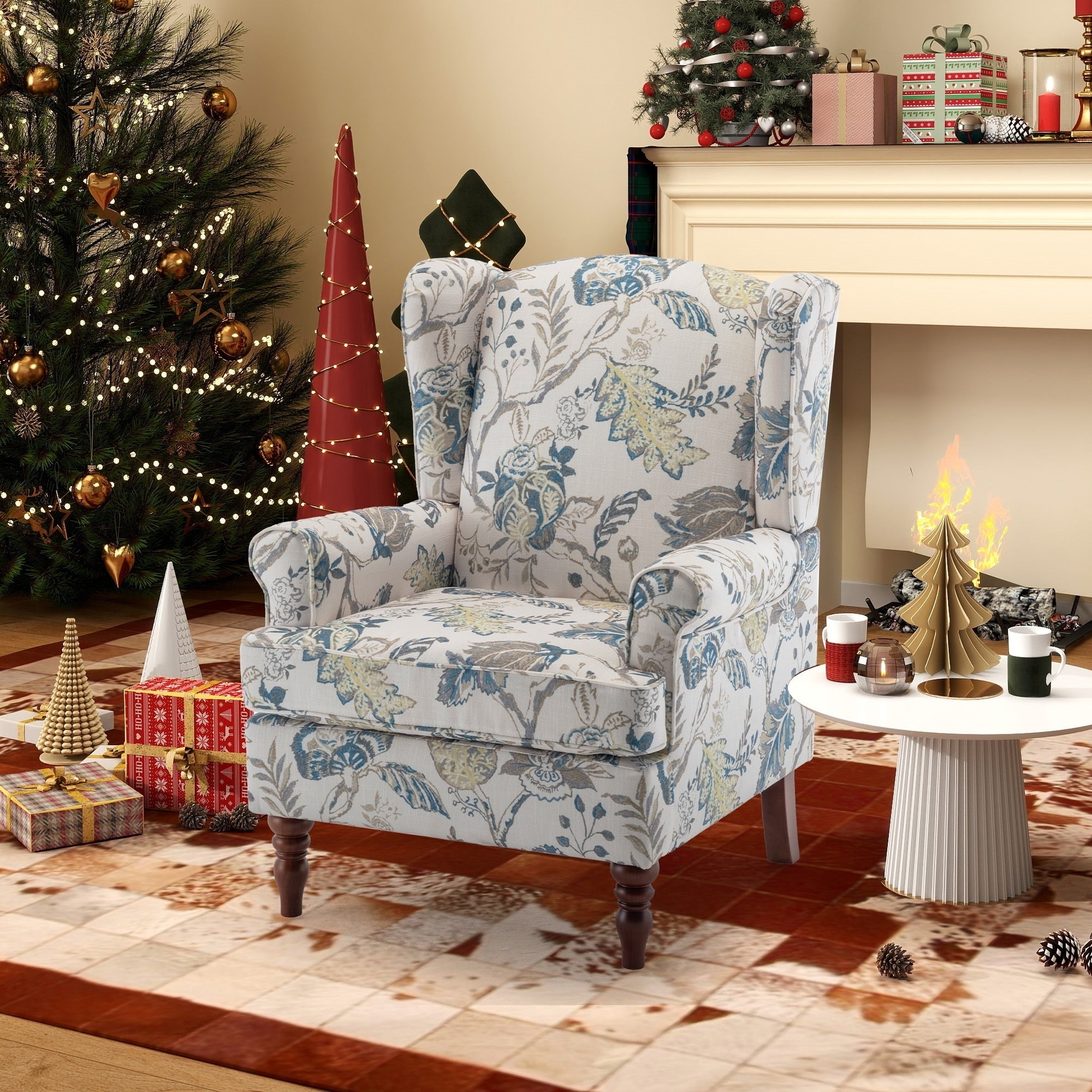 Erommy Moderner Akzentstuhl, Hochlehner-Sessel, gepolstertes Stoffsofa mit Knöpfen und Holzbeinen für das Wohnzimmer