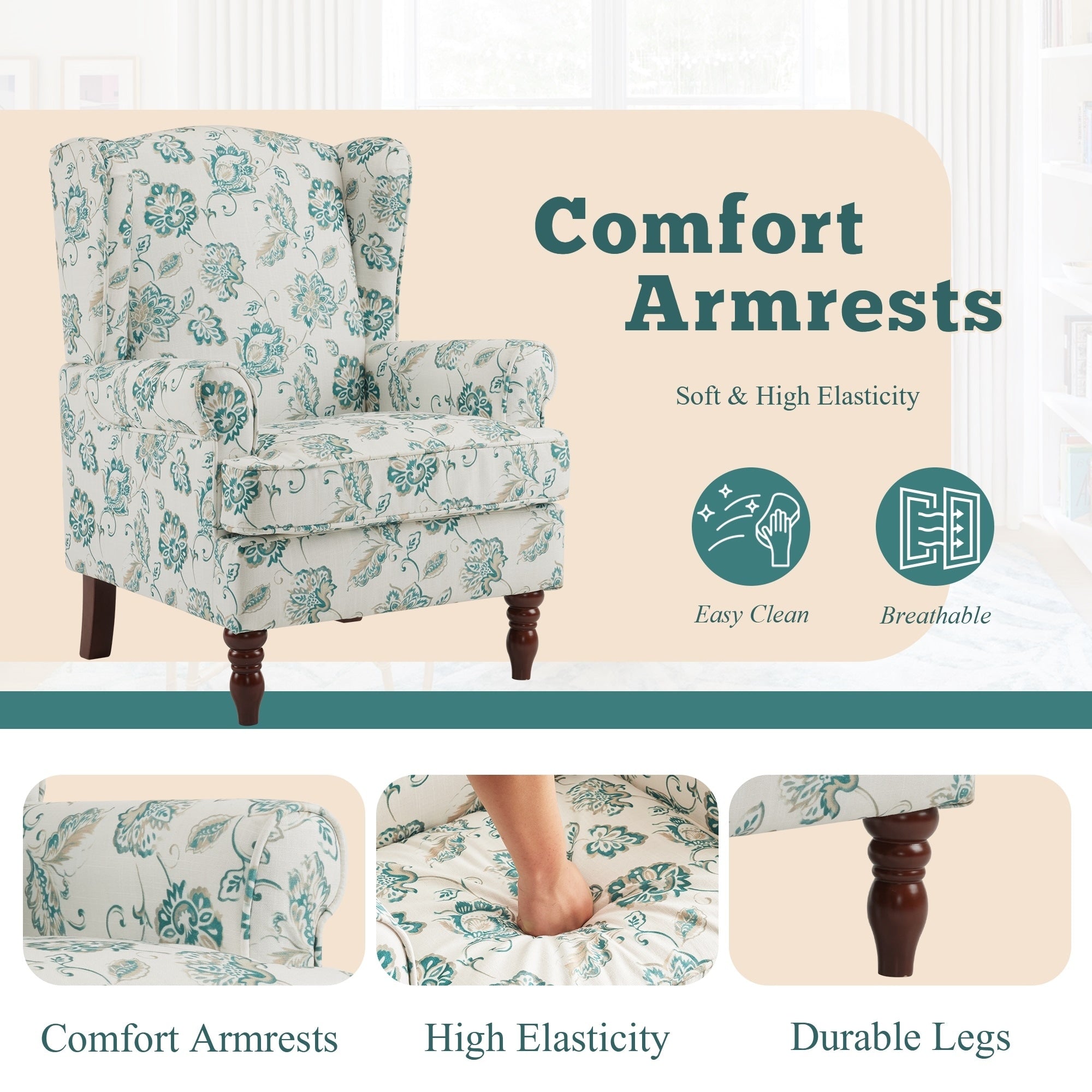 Erommy Moderner Akzentstuhl, Hochlehner-Sessel, gepolstertes Stoffsofa mit Knöpfen und Holzbeinen für das Wohnzimmer