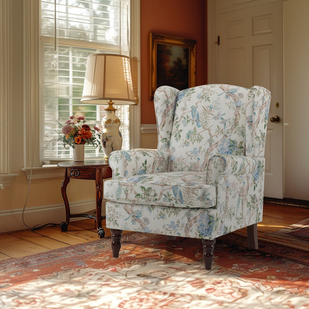 Erommy Moderner Akzentstuhl, Hochlehner-Sessel, gepolstertes Stoffsofa mit Knöpfen und Holzbeinen für das Wohnzimmer