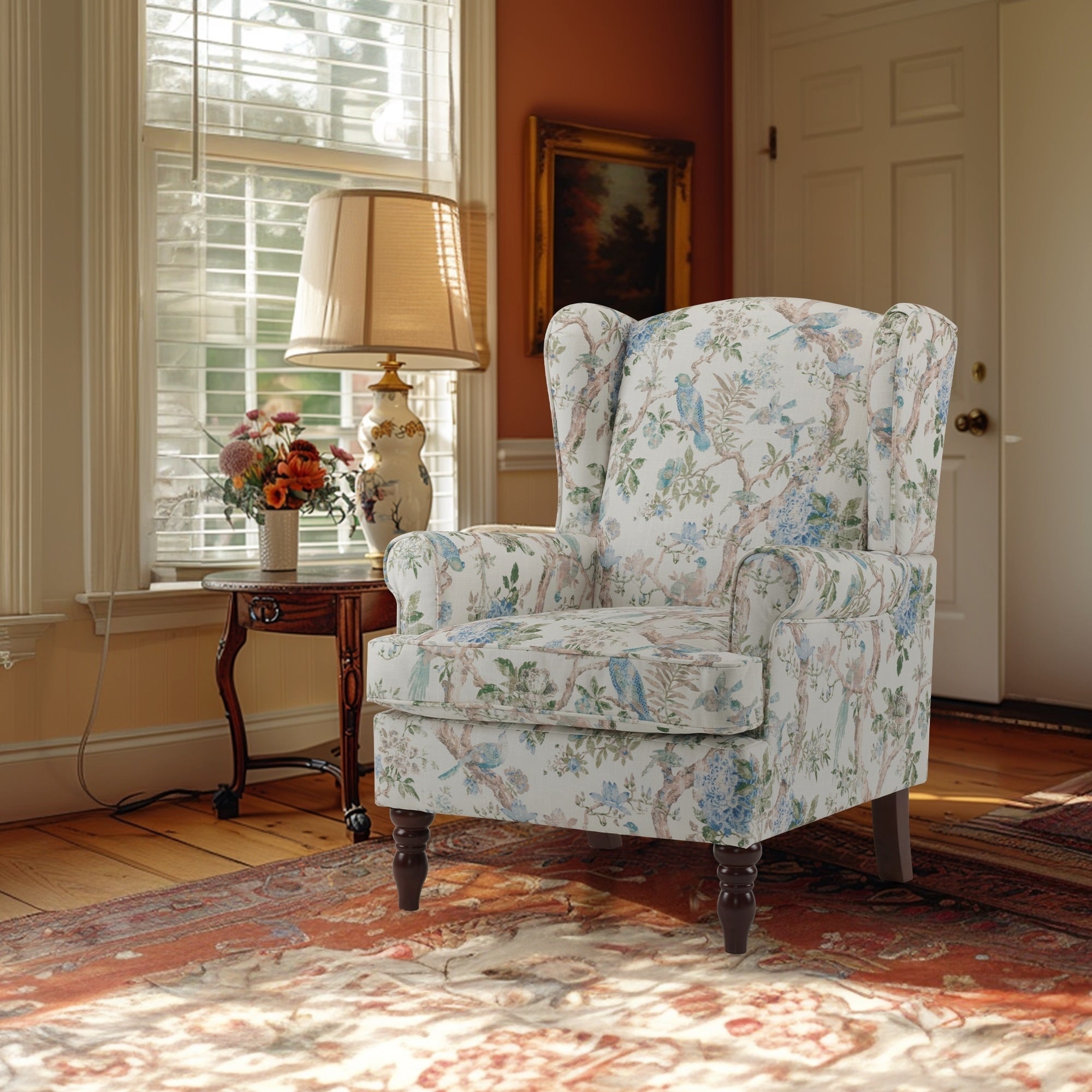 Erommy Moderner Akzentstuhl, Hochlehner-Sessel, gepolstertes Stoffsofa mit Knöpfen und Holzbeinen für das Wohnzimmer