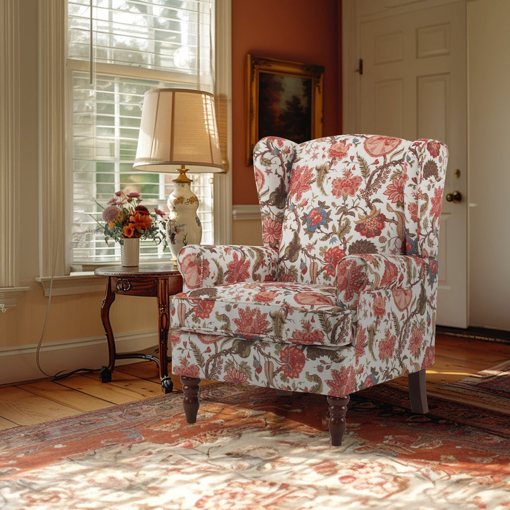 Erommy Moderner Akzentstuhl, Hochlehner-Sessel, gepolstertes Stoffsofa mit Knöpfen und Holzbeinen für das Wohnzimmer