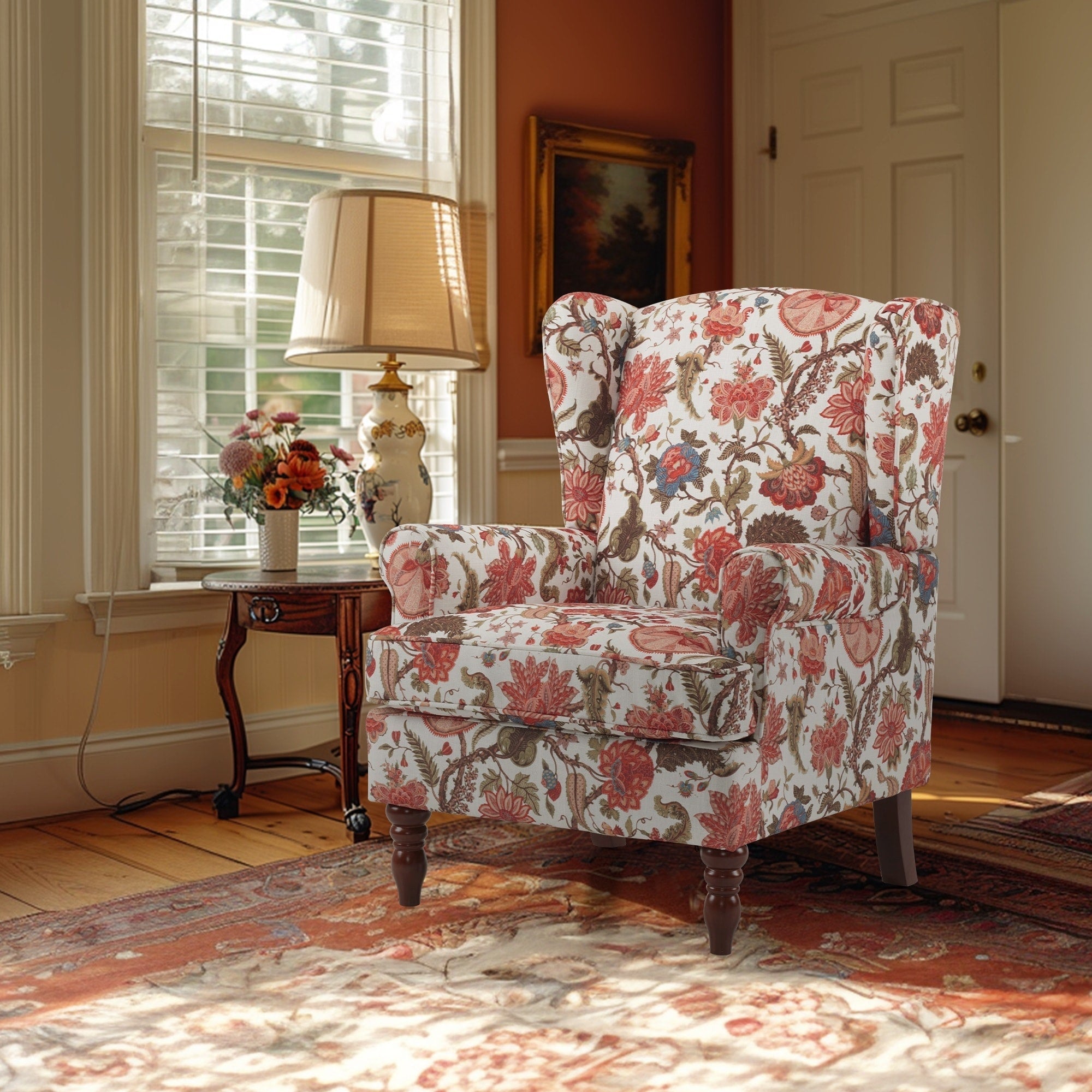 Erommy Moderner Akzentstuhl, Hochlehner-Sessel, gepolstertes Stoffsofa mit Knöpfen und Holzbeinen für das Wohnzimmer