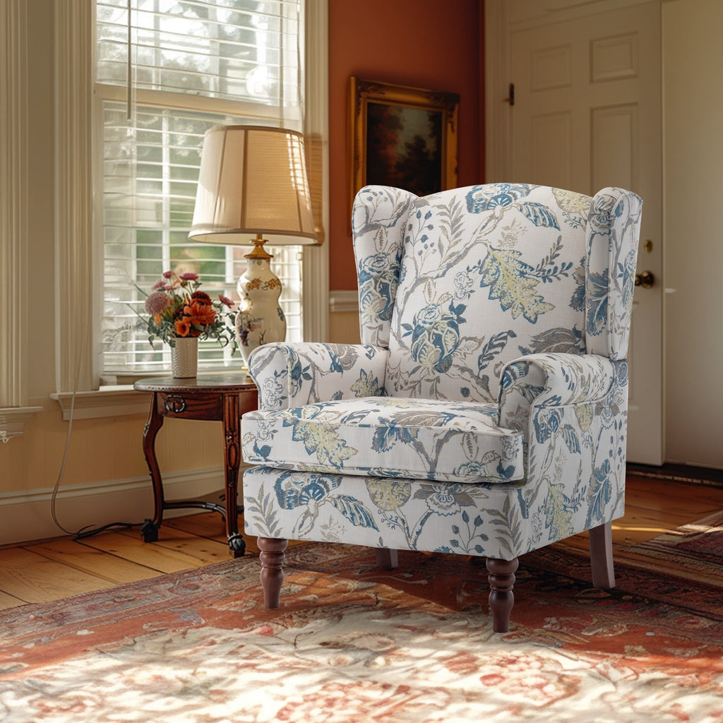 Erommy Moderner Akzentstuhl, Hochlehner-Sessel, gepolstertes Stoffsofa mit Knöpfen und Holzbeinen für das Wohnzimmer