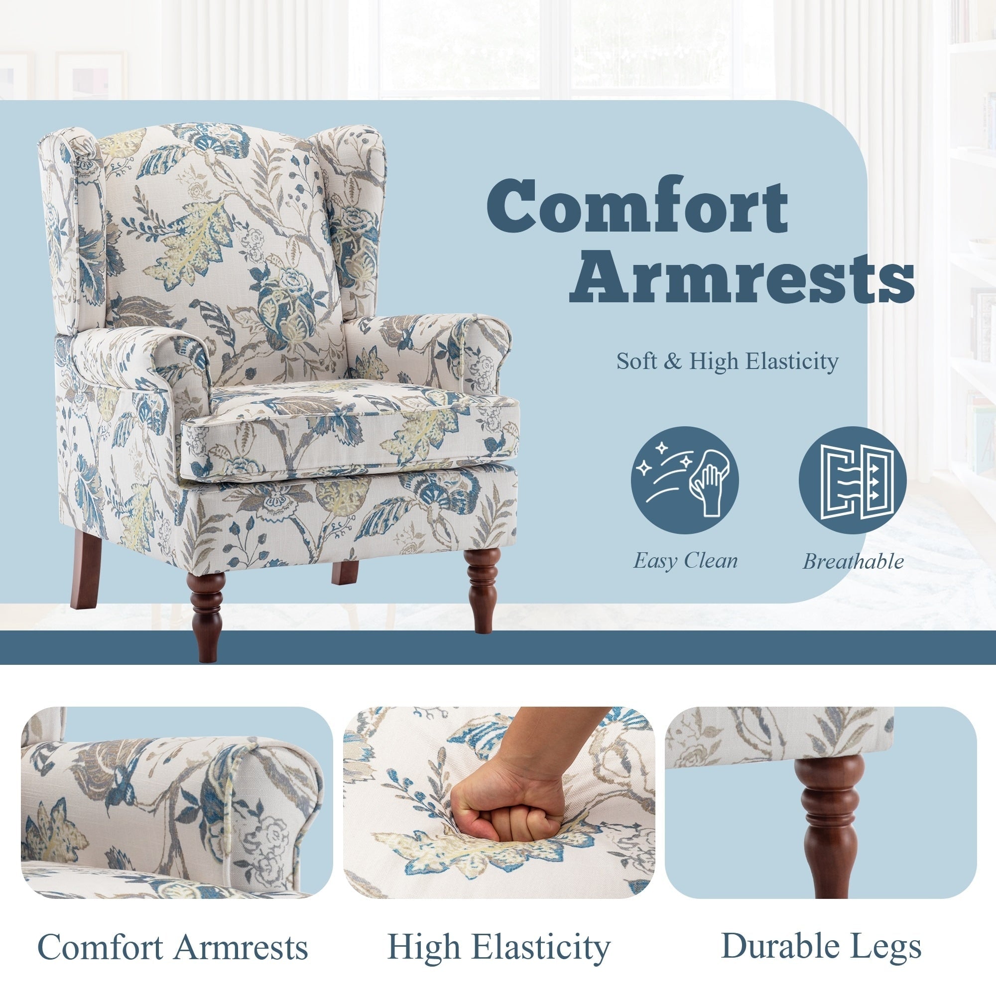 Erommy Moderner Akzentstuhl, Hochlehner-Sessel, gepolstertes Stoffsofa mit Knöpfen und Holzbeinen für das Wohnzimmer