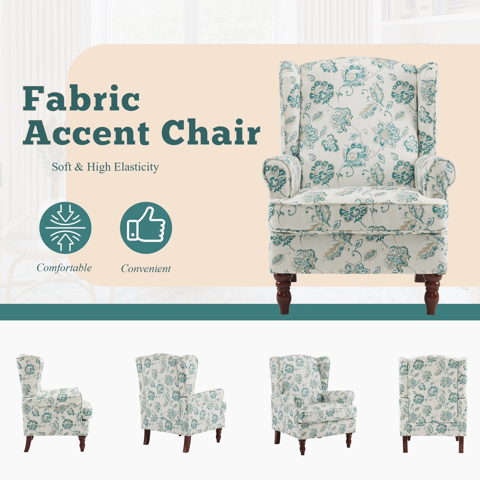 Erommy Moderner Akzentstuhl, Hochlehner-Sessel, gepolstertes Stoffsofa mit Knöpfen und Holzbeinen für das Wohnzimmer