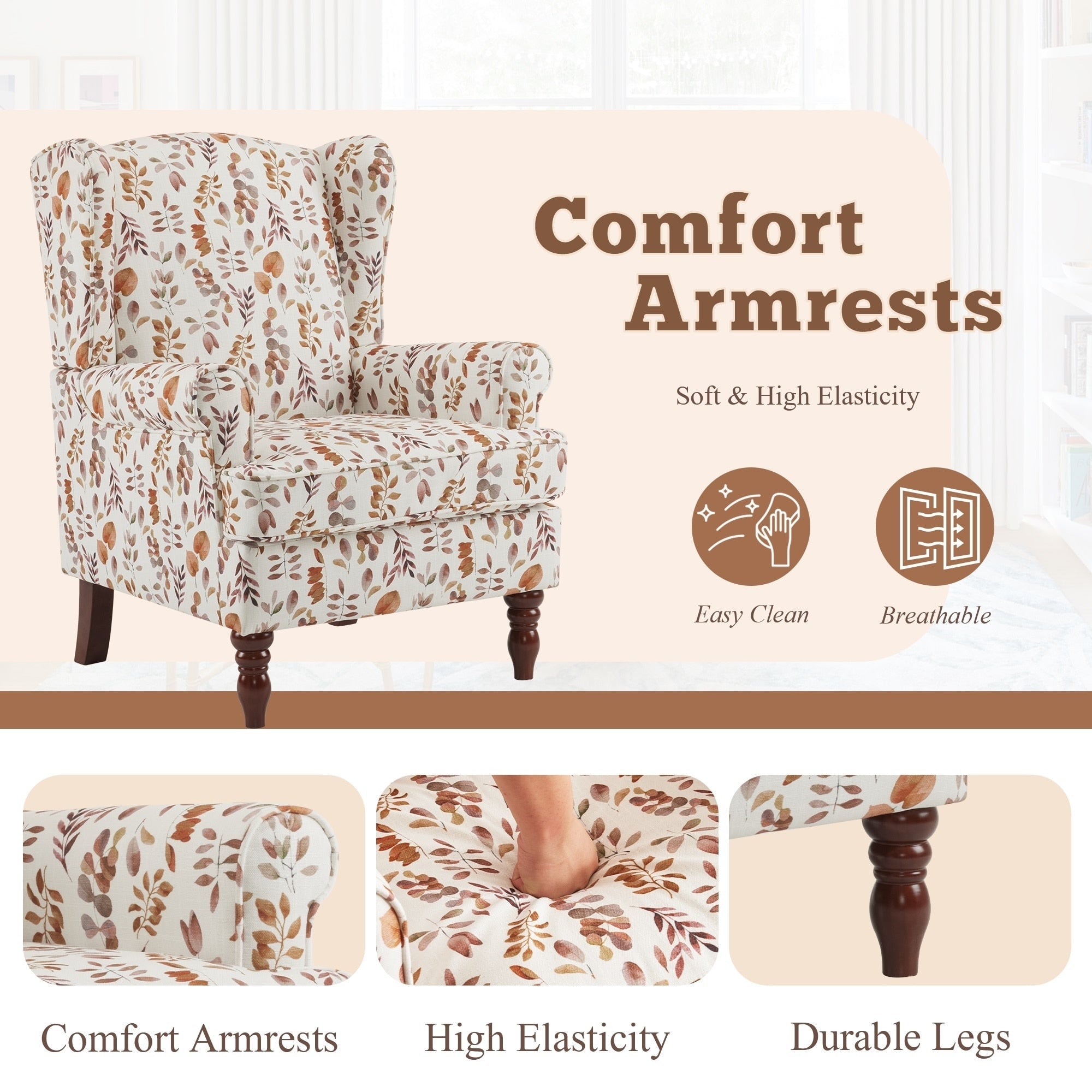 Erommy Moderner Akzentstuhl, Hochlehner-Sessel, gepolstertes Stoffsofa mit Knöpfen und Holzbeinen für das Wohnzimmer