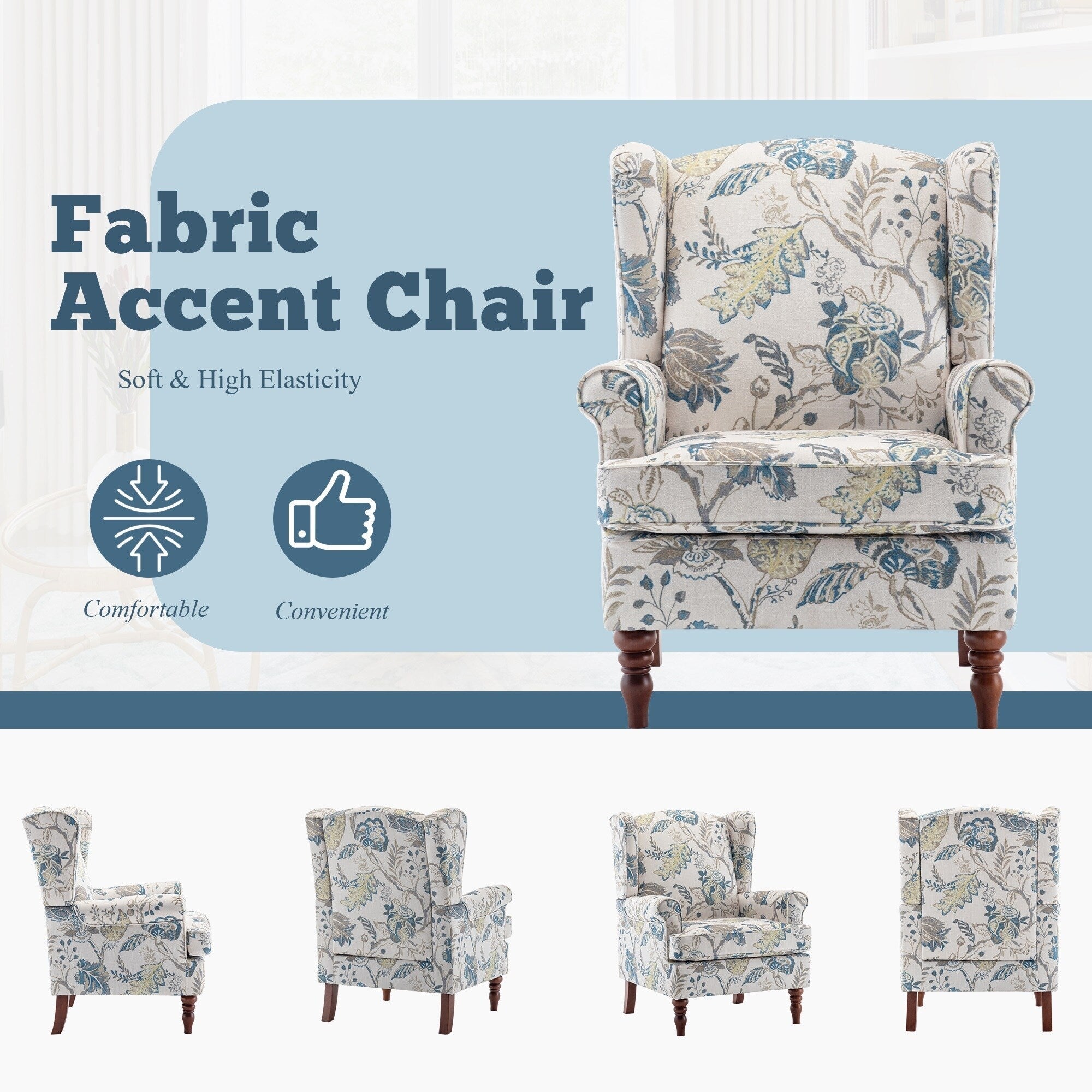 Erommy Moderner Akzentstuhl, Hochlehner-Sessel, gepolstertes Stoffsofa mit Knöpfen und Holzbeinen für das Wohnzimmer