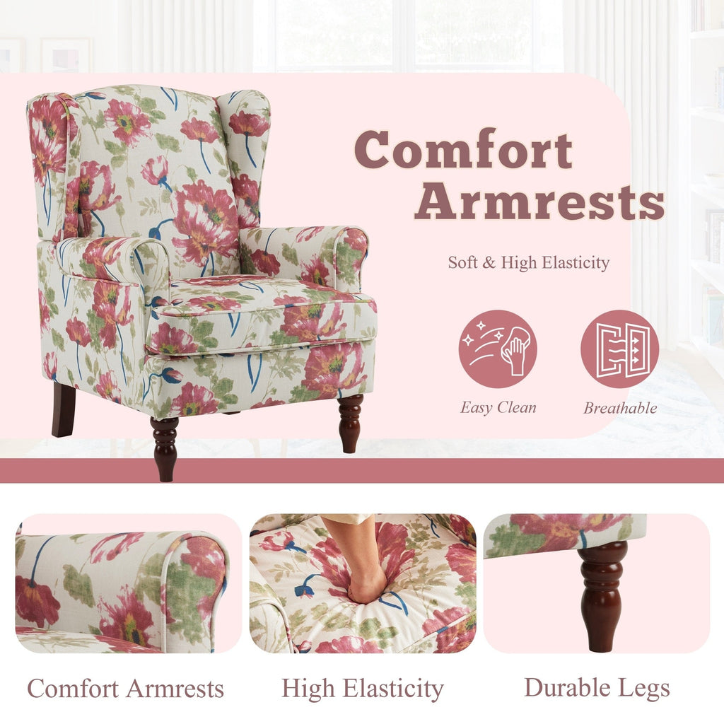 Erommy Moderner Akzentstuhl, Hochlehner-Sessel, gepolstertes Stoffsofa mit Knöpfen und Holzbeinen für das Wohnzimmer