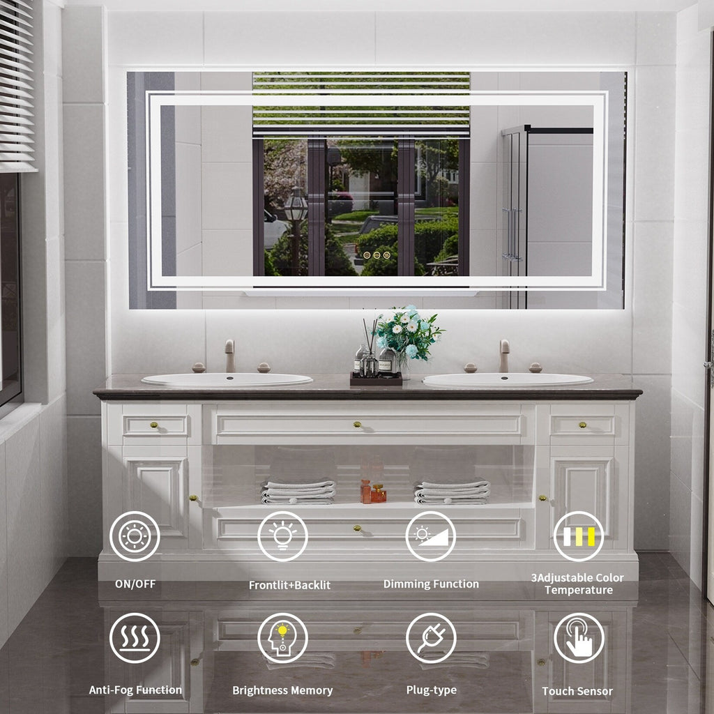 Extra großer LED-beleuchteter Wand-Waschtischspiegel mit Antibeschlagbeschichtung, 3 Farben