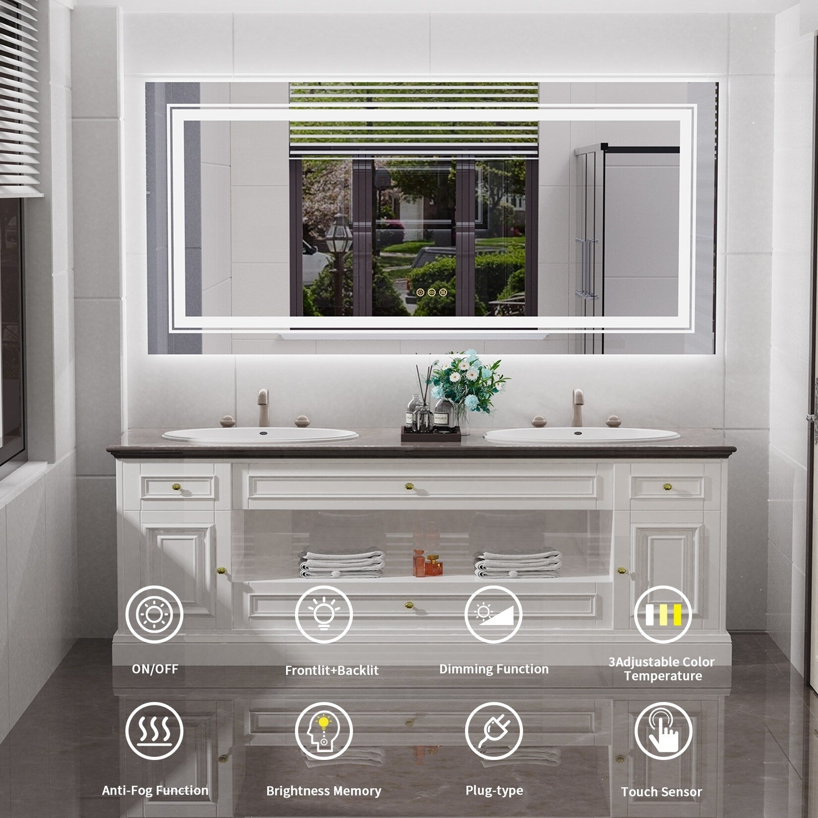 Extra großer LED-beleuchteter Wand-Waschtischspiegel mit Antibeschlagbeschichtung, 3 Farben