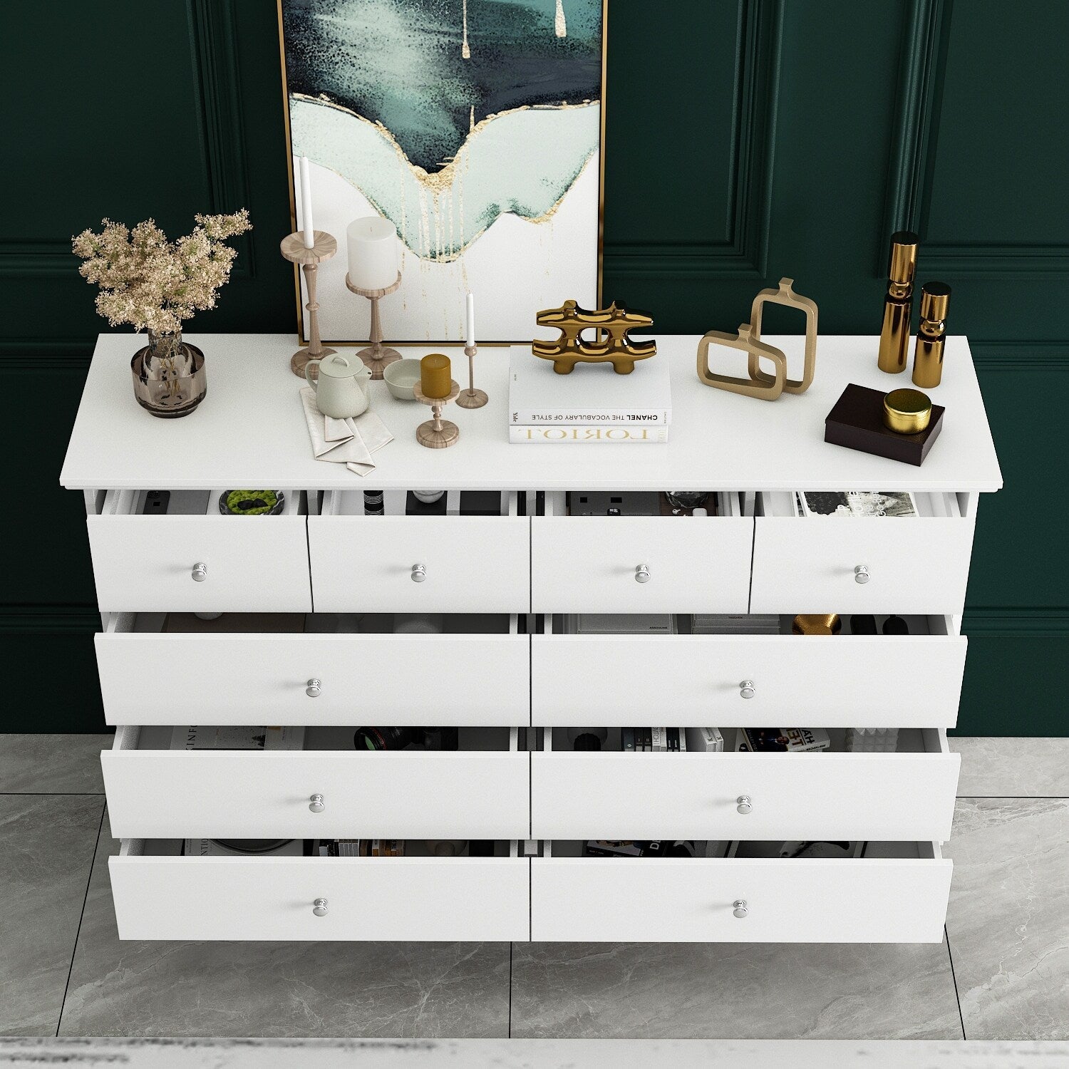 Doppelkommode mit 10 Schubladen für das Schlafzimmer, weiß, viel Stauraum