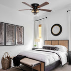 Farmhouse 48-Zoll-Holz-Deckenventilator mit 5 Flügeln, flachem Profil, schwarzer Bauweise, inklusive Fernbedienung und Beleuchtungssatz