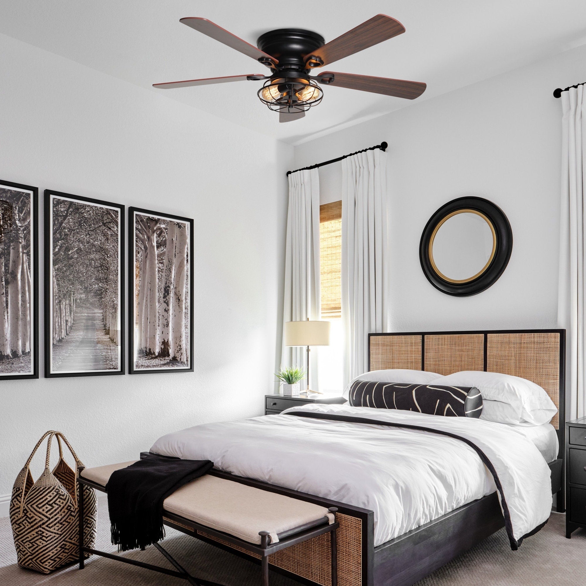 Farmhouse 48-Zoll-Holz-Deckenventilator mit 5 Flügeln, flachem Profil, schwarzer Bauweise, inklusive Fernbedienung und Beleuchtungssatz