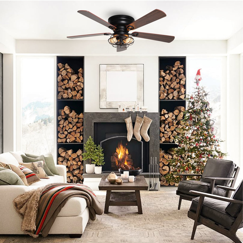 Farmhouse 48-Zoll-Holz-Deckenventilator mit 5 Flügeln, flachem Profil, schwarzer Bauweise, inklusive Fernbedienung und Beleuchtungssatz