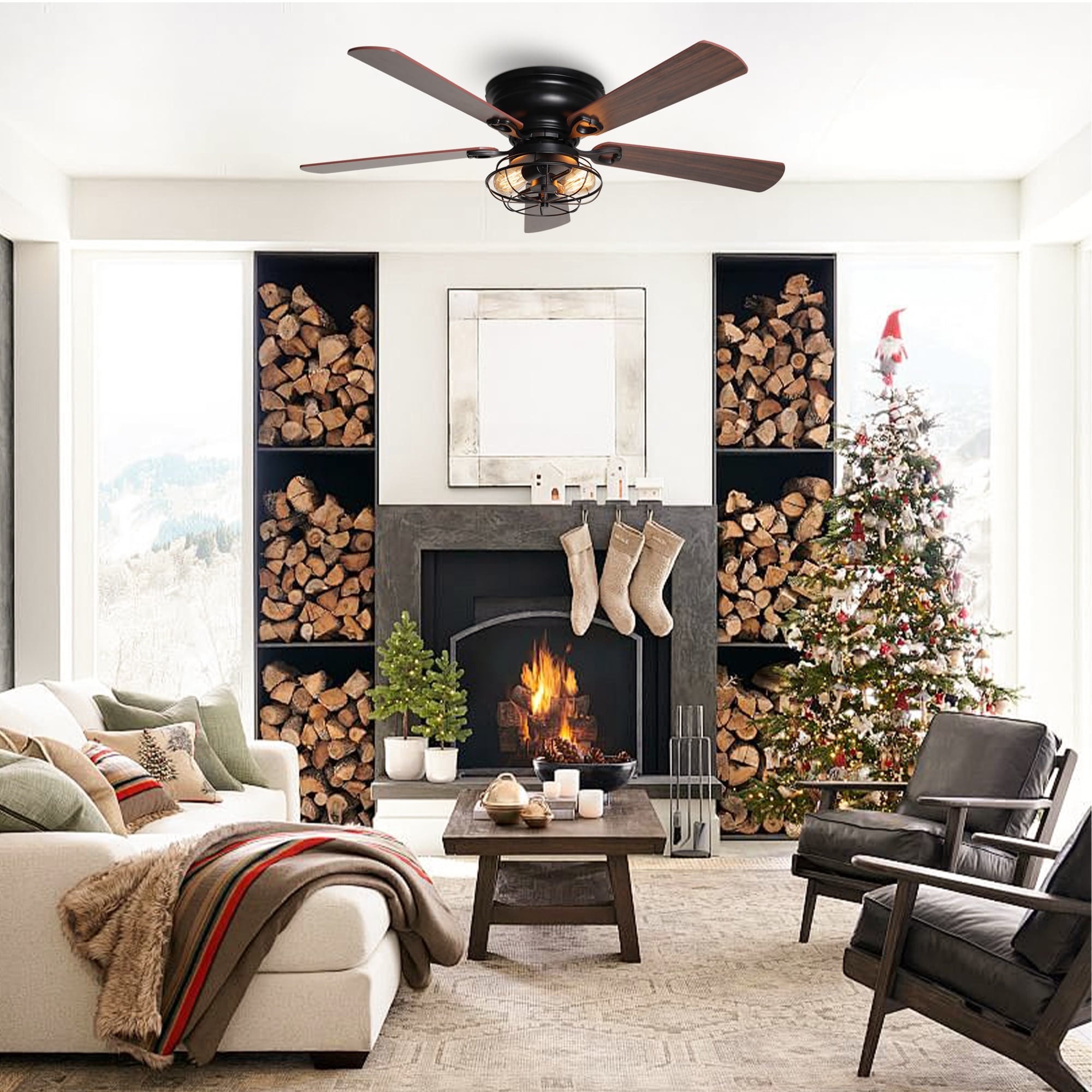 Farmhouse 48-Zoll-Holz-Deckenventilator mit 5 Flügeln, flachem Profil, schwarzer Bauweise, inklusive Fernbedienung und Beleuchtungssatz