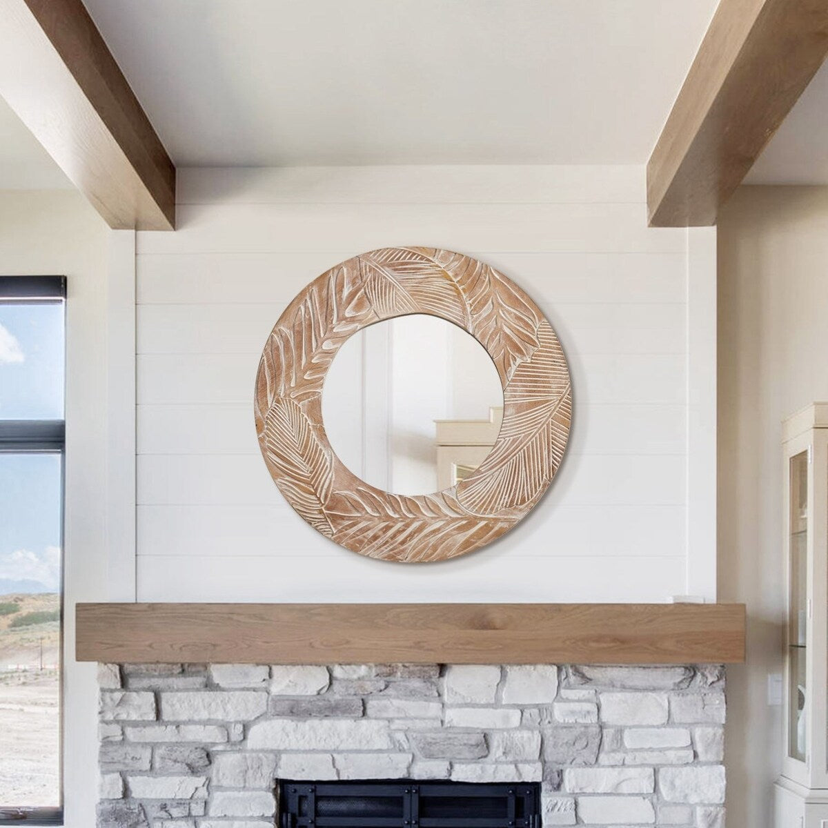 Runder Wandspiegel aus geschnitztem Holz im Landhausstil – 28 x 28