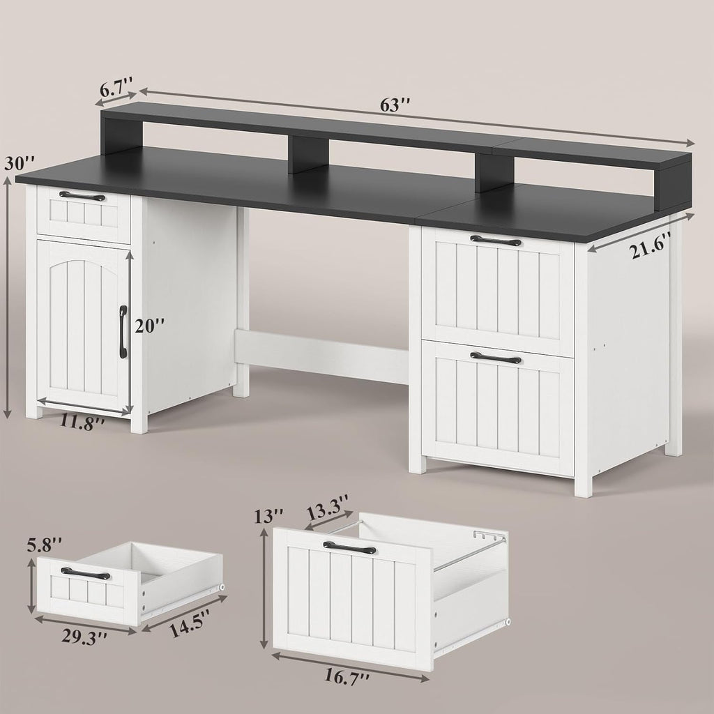 Landhaus-Schreibtisch für das Homeoffice, Aktenschublade, Monitorständer, Steckdose