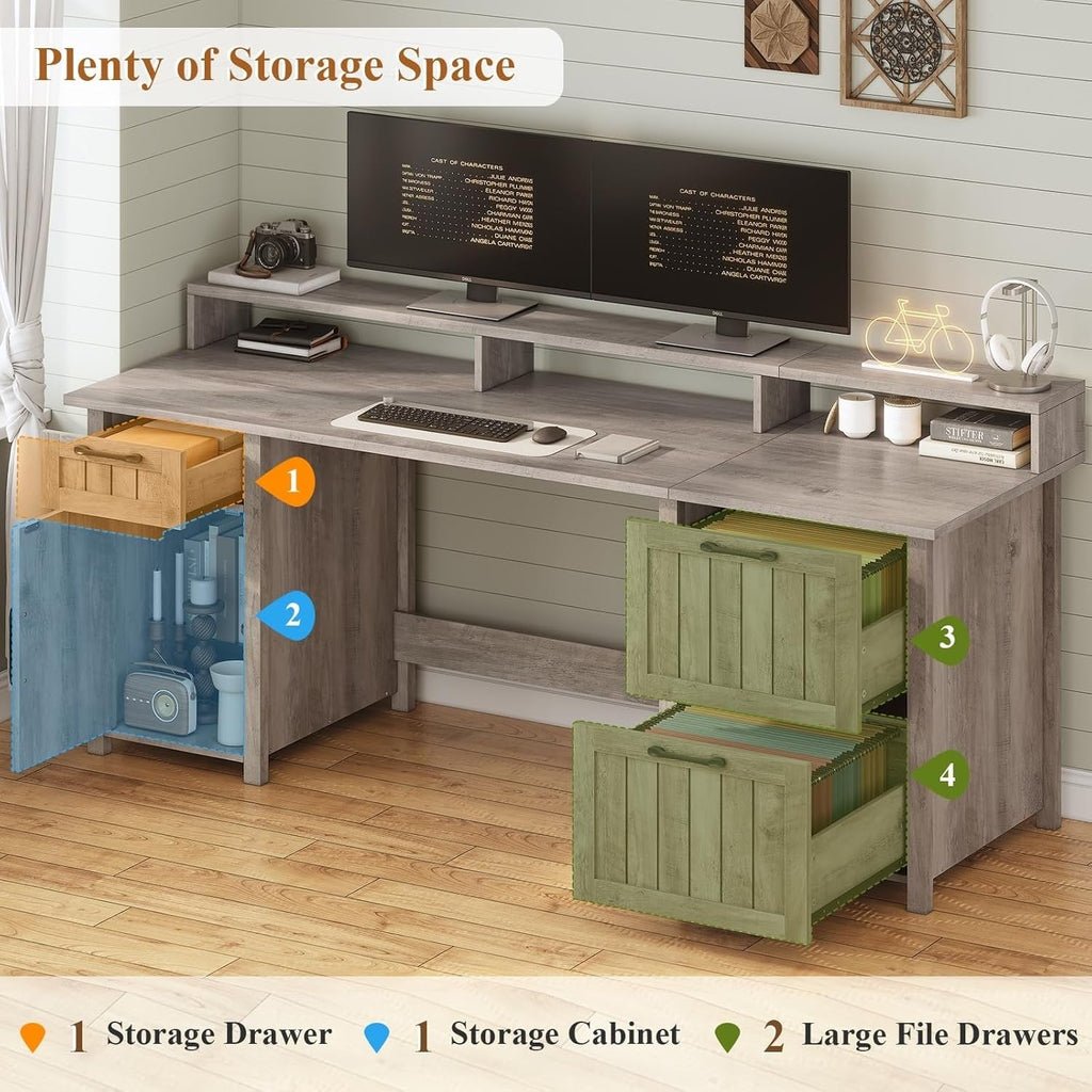 Landhaus-Schreibtisch für das Homeoffice, Aktenschublade, Monitorständer, Steckdose