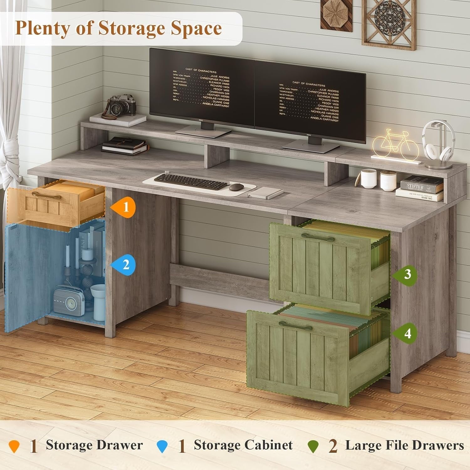 Landhaus-Schreibtisch für das Homeoffice, Aktenschublade, Monitorständer, Steckdose