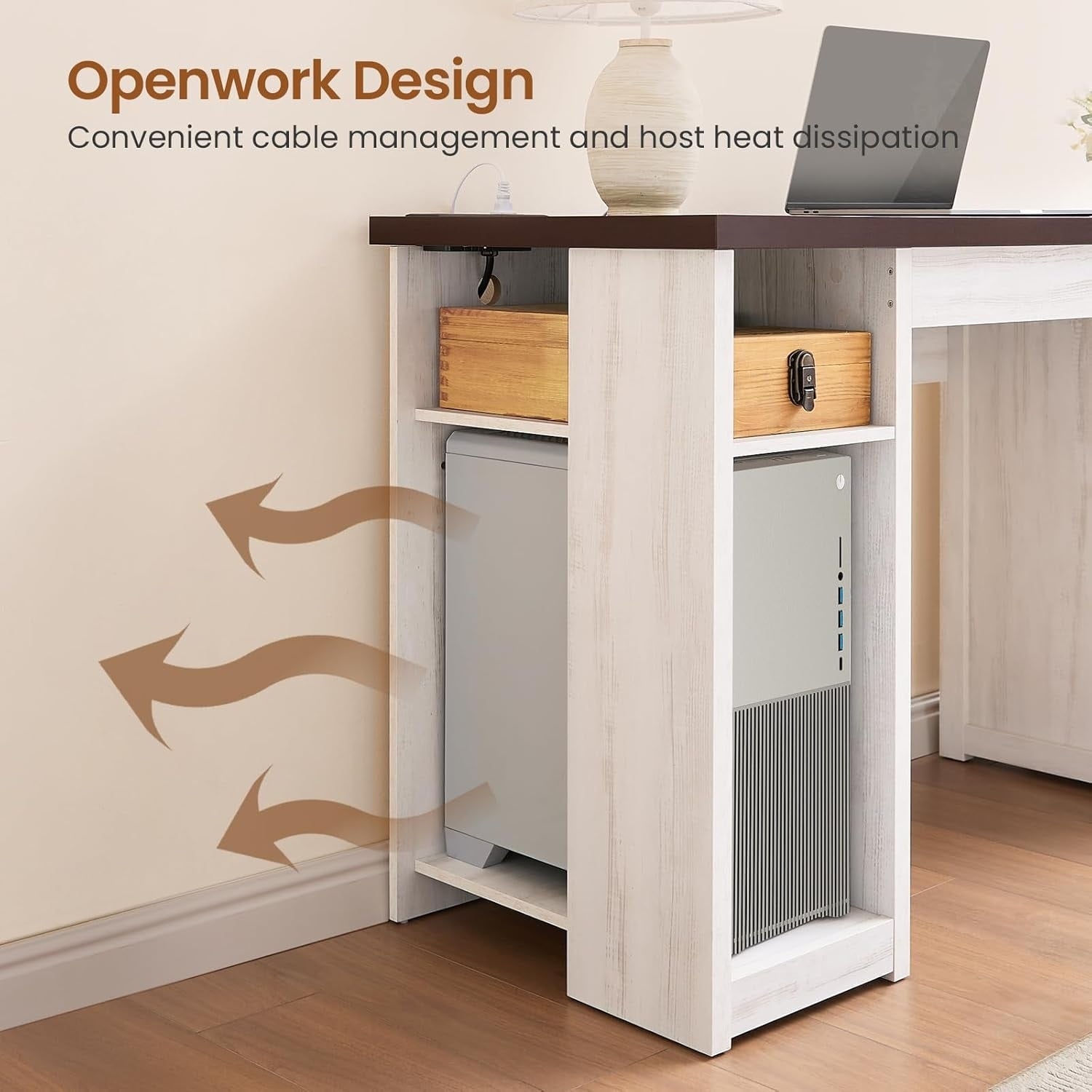 Landhaus-Schreibtisch für das Homeoffice, Aktenschublade, Monitorständer, Steckdose