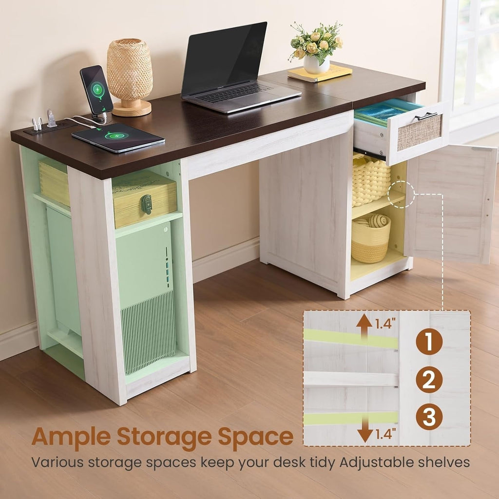 Landhaus-Schreibtisch für das Homeoffice, Aktenschublade, Monitorständer, Steckdose