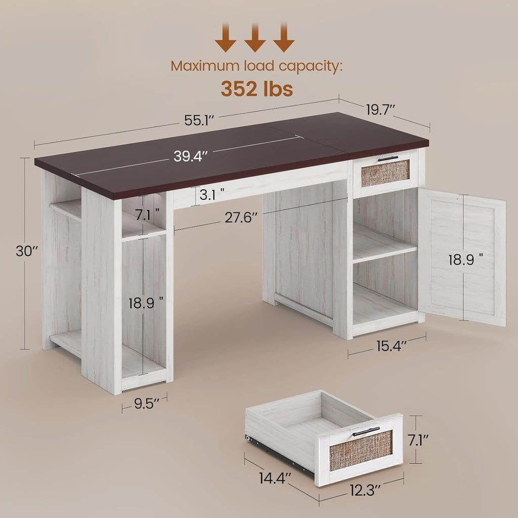 Landhaus-Schreibtisch für das Homeoffice, Aktenschublade, Monitorständer, Steckdose