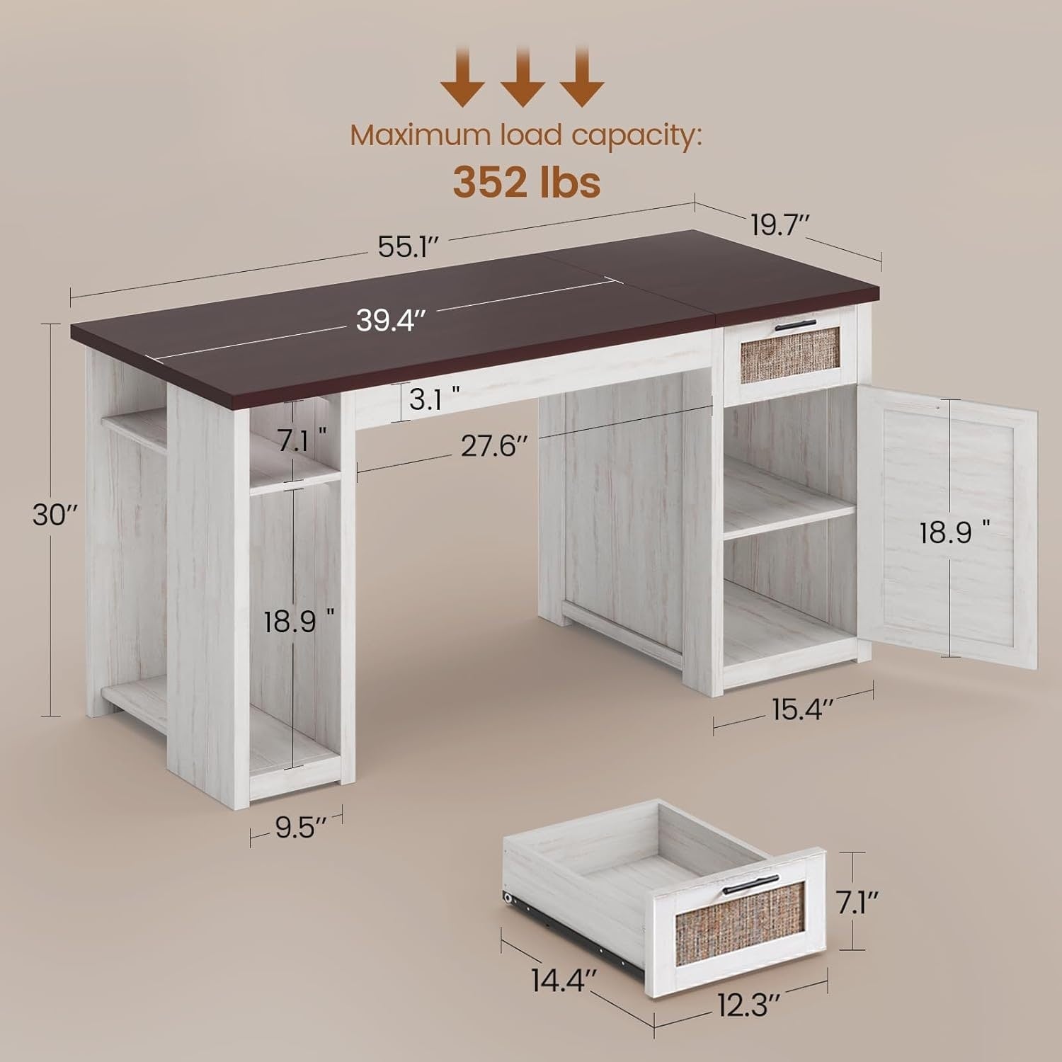 Landhaus-Schreibtisch für das Homeoffice, Aktenschublade, Monitorständer, Steckdose