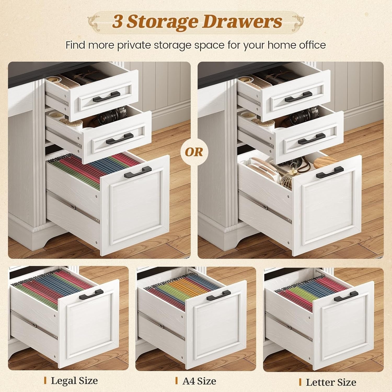 Landhaus-Schreibtisch für das Homeoffice, Aktenschublade, Monitorständer, Steckdose