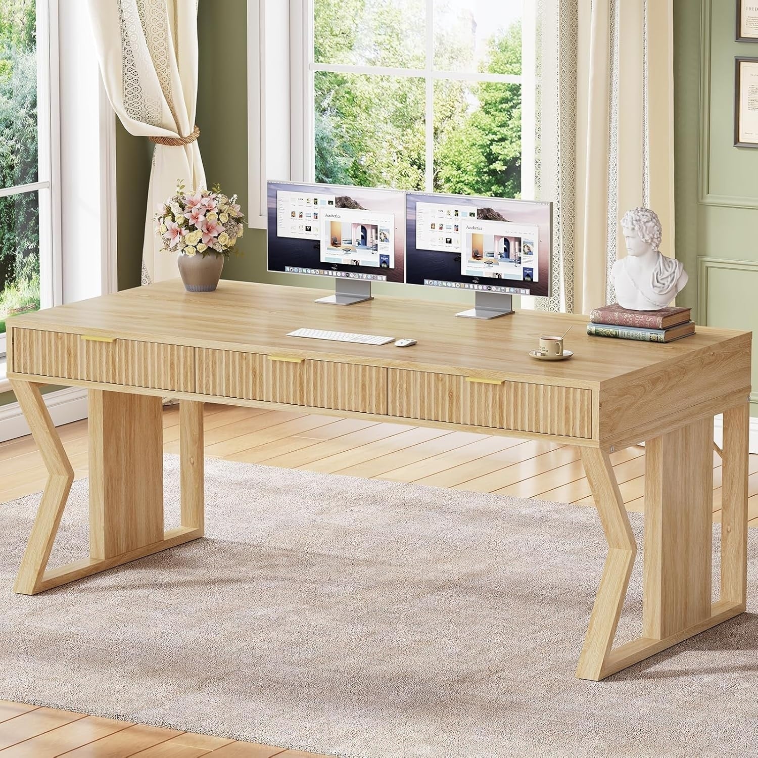 Landhaus-Schreibtisch für das Homeoffice, Aktenschublade, Monitorständer, Steckdose