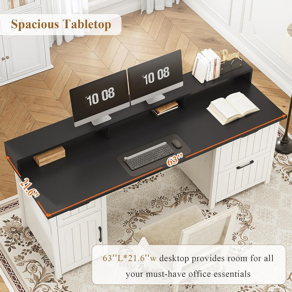 Landhaus-Schreibtisch für das Homeoffice, Aktenschublade, Monitorständer, Steckdose