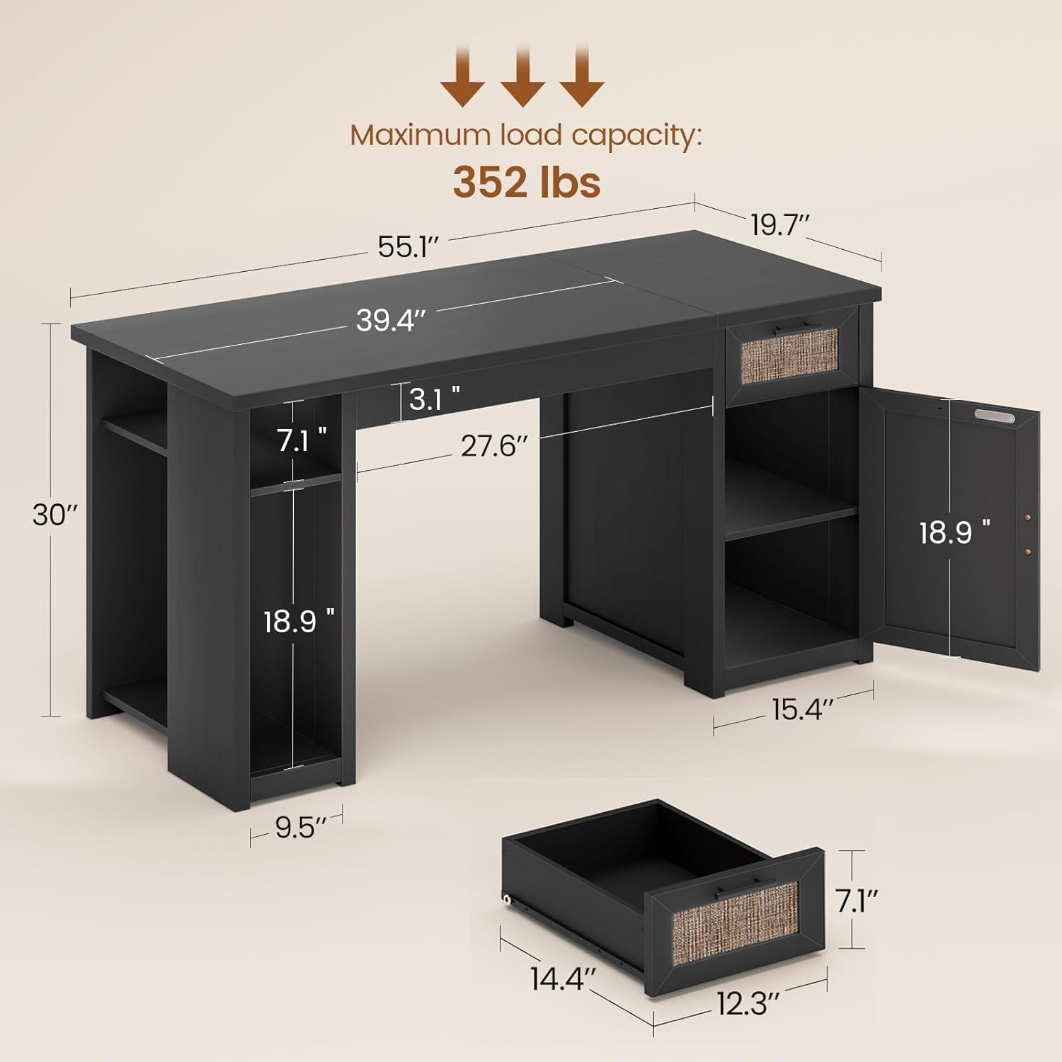 Landhaus-Schreibtisch für das Homeoffice, Aktenschublade, Monitorständer, Steckdose