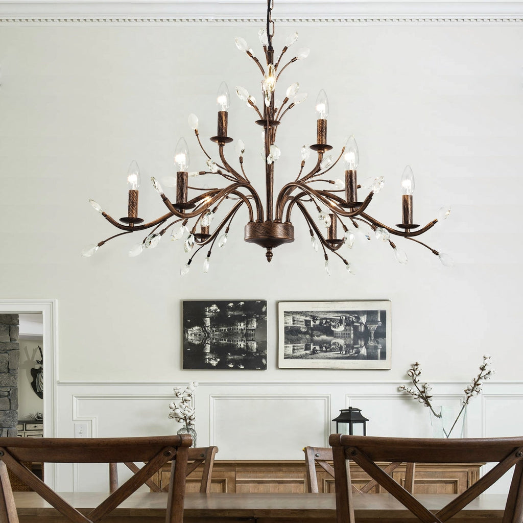 Retro-Bauernhaus-Kronleuchter im Kerzenstil mit Astmotiv und Kristallanhänger