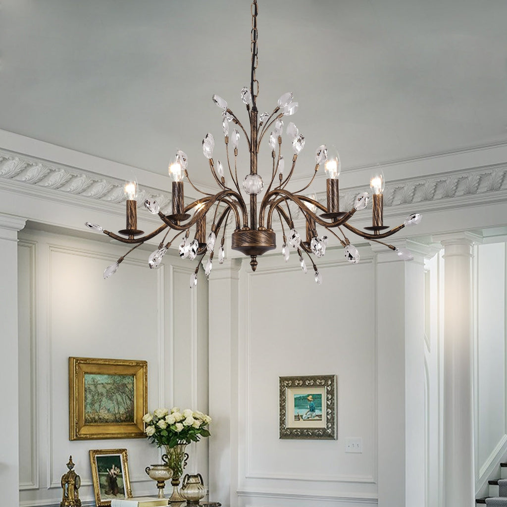 Retro-Bauernhaus-Kronleuchter im Kerzenstil mit Astmotiv und Kristallanhänger