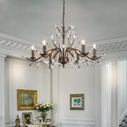 Retro-Bauernhaus-Kronleuchter im Kerzenstil mit Astmotiv und Kristallanhänger