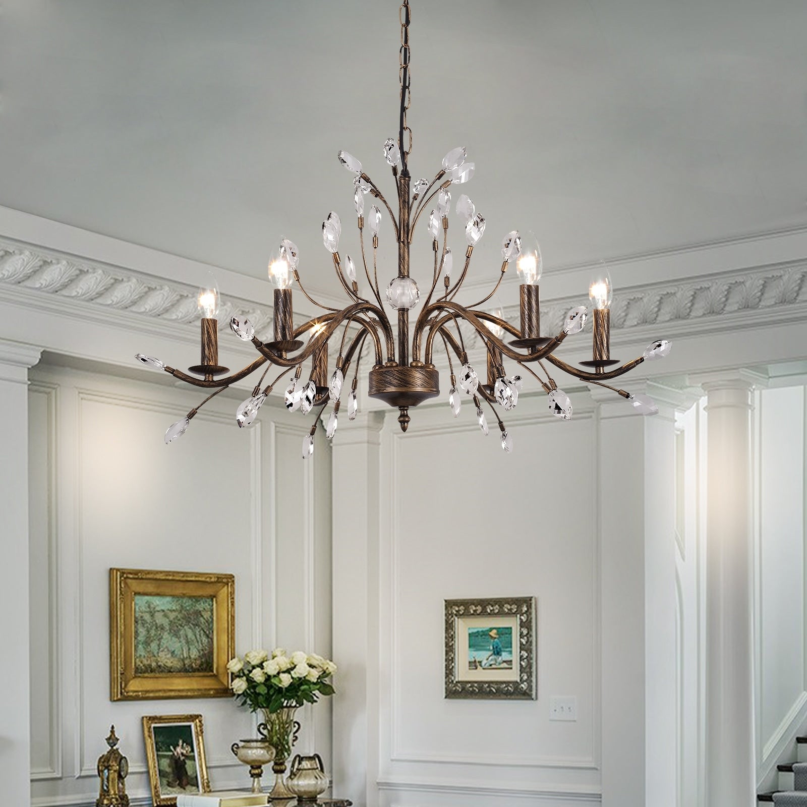 Retro-Bauernhaus-Kronleuchter im Kerzenstil mit Astmotiv und Kristallanhänger