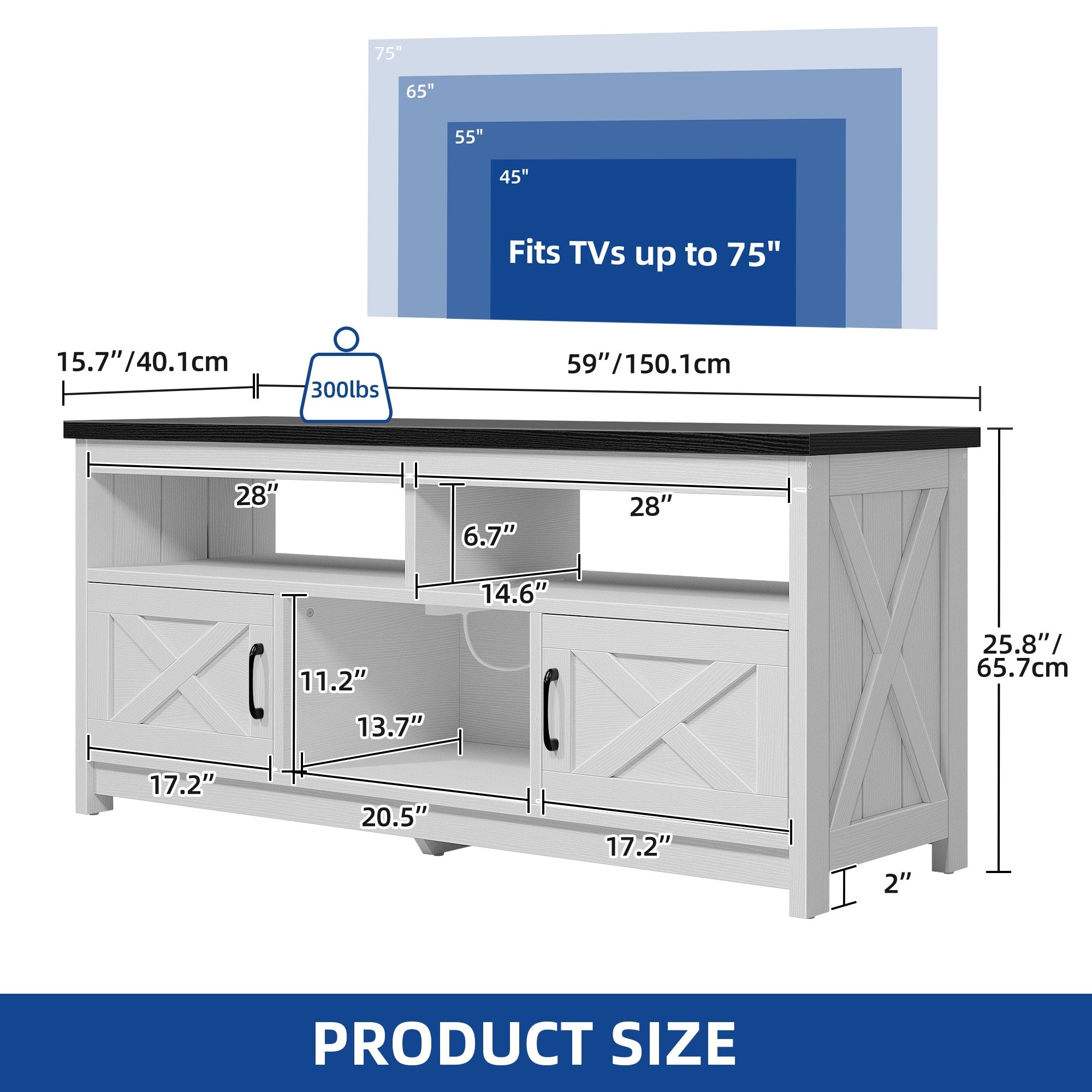 TV-Ständer im Landhausstil für Fernseher bis zu 65 Zoll mit Türen und offenen Regalen, Medienkonsole mit Steckdose