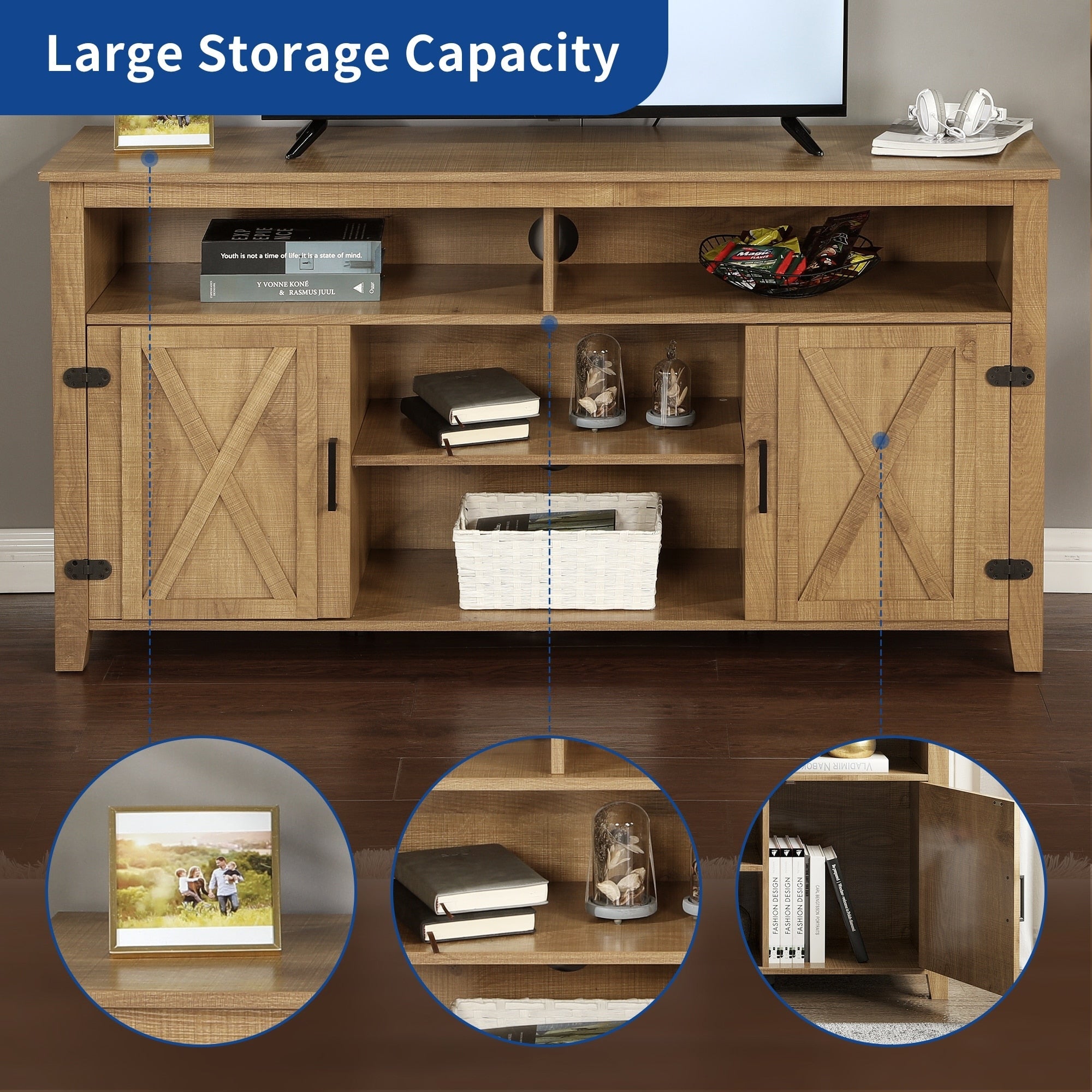 TV-Ständer im Landhausstil für Fernseher bis zu 65 Zoll mit Türen und offenen Regalen, Medienkonsole mit Steckdose