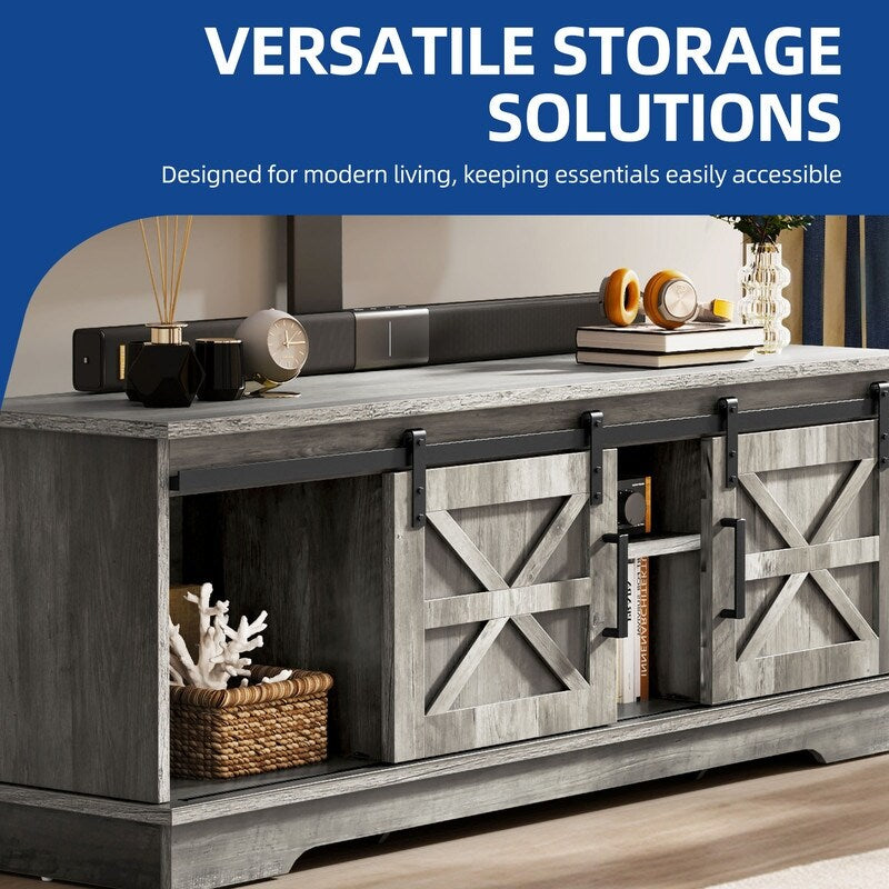 TV-Ständer im Landhausstil für Fernseher bis zu 65 Zoll mit Türen und offenen Regalen, Medienkonsole mit Steckdose