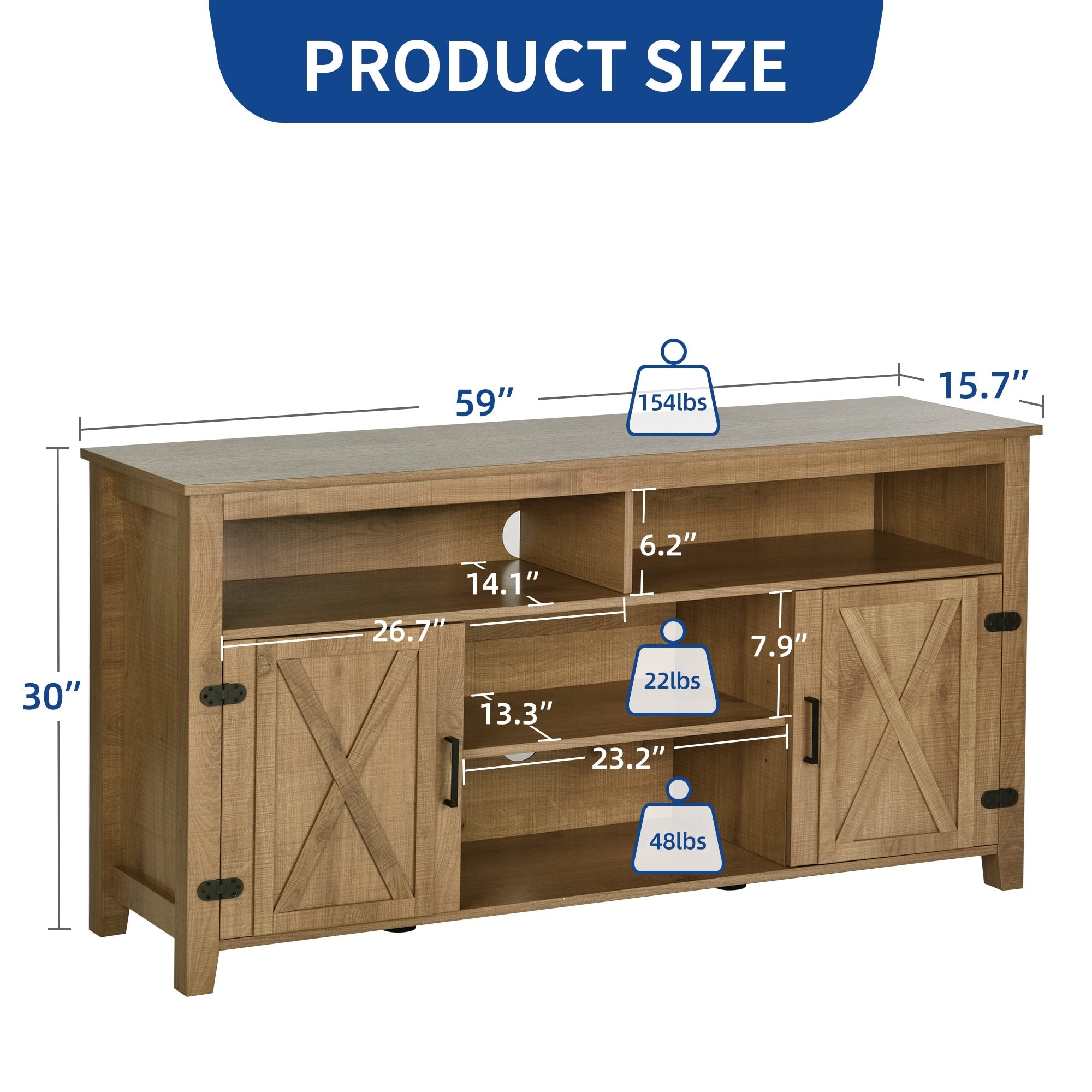 TV-Ständer im Landhausstil für Fernseher bis zu 65 Zoll mit Türen und offenen Regalen, Medienkonsole mit Steckdose
