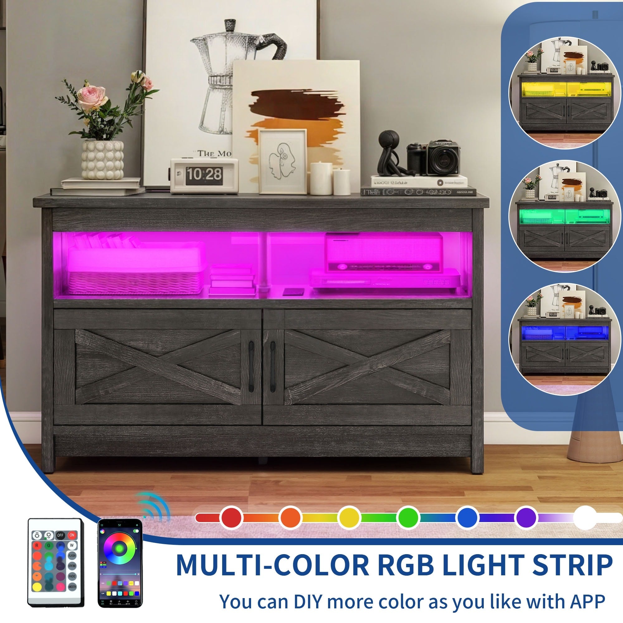 TV-Ständer im Landhausstil für Fernseher bis zu 65 Zoll mit Türen und offenen Regalen, Medienkonsole mit Steckdose