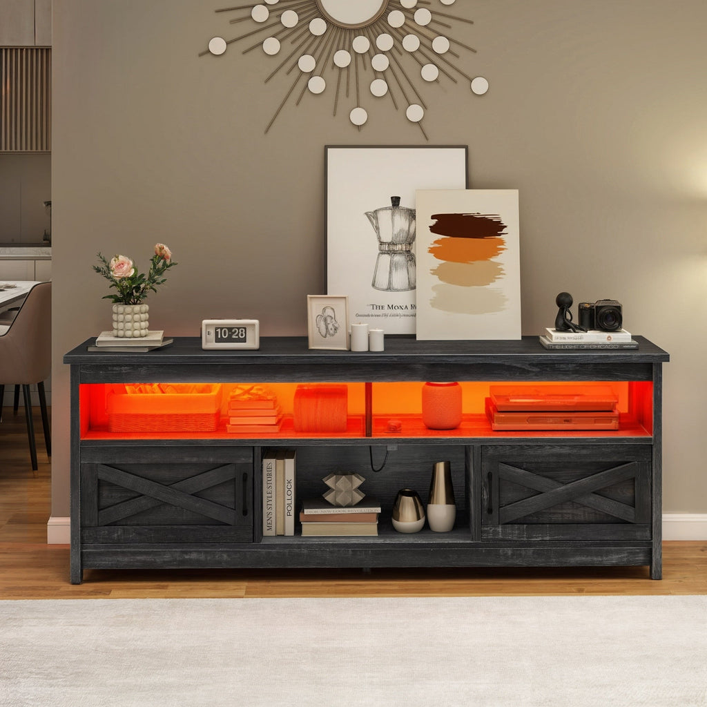 TV-Ständer im Landhausstil für Fernseher bis zu 65 Zoll mit Türen und offenen Regalen, Medienkonsole mit Steckdose