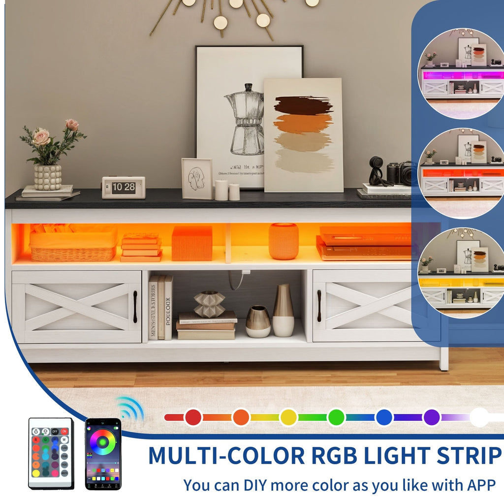 TV-Ständer im Landhausstil für Fernseher bis zu 65 Zoll mit Türen und offenen Regalen, Medienkonsole mit Steckdose